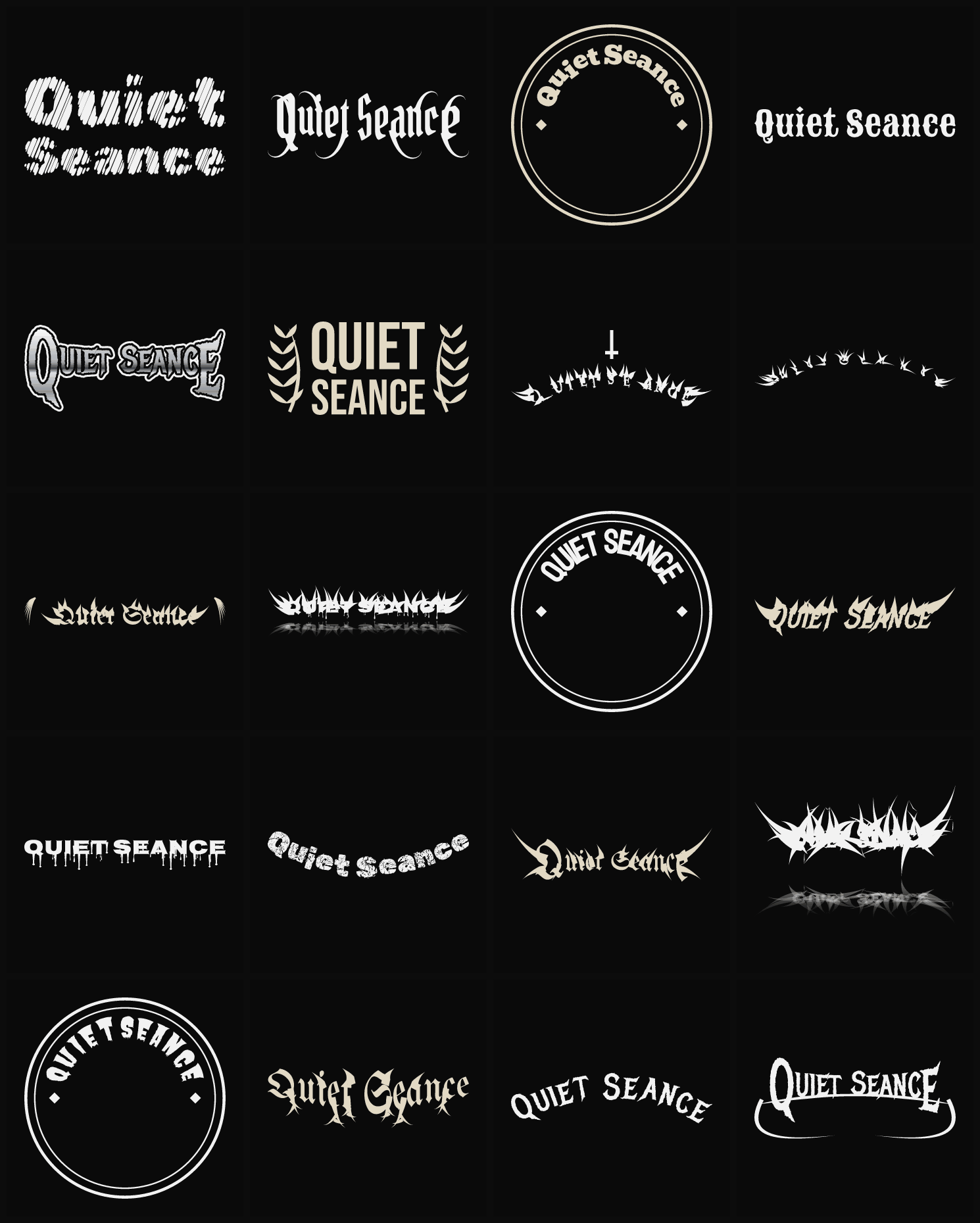 Twenty Quiet Seance band logo ideas — different faces, treatments and spike settings