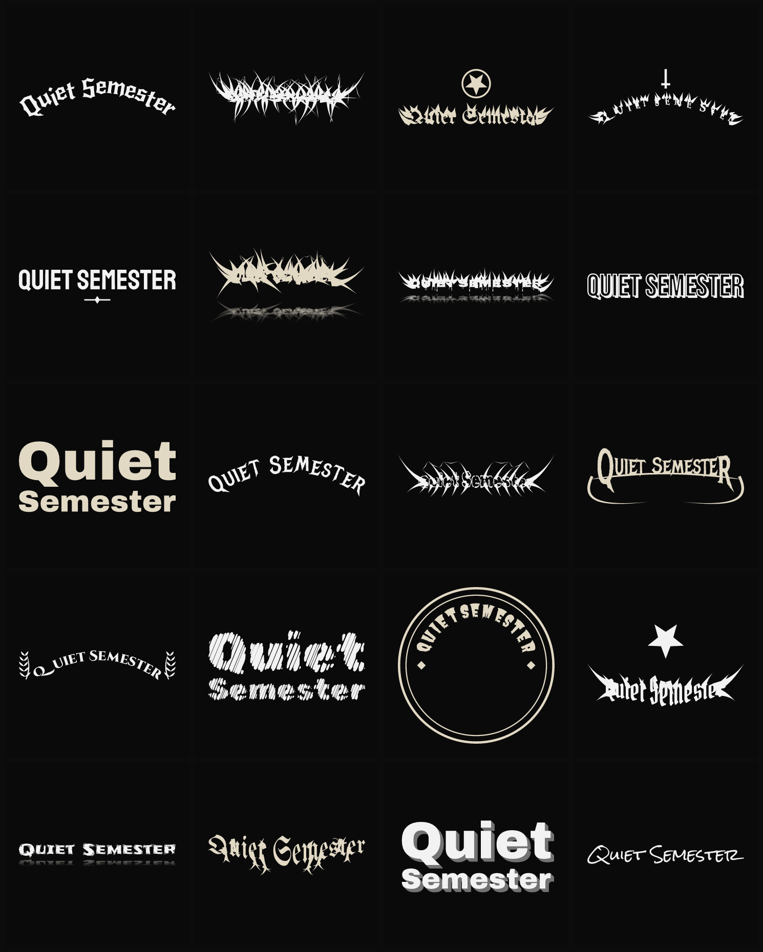 Twenty Quiet Semester band logo ideas — different faces, treatments and spike settings