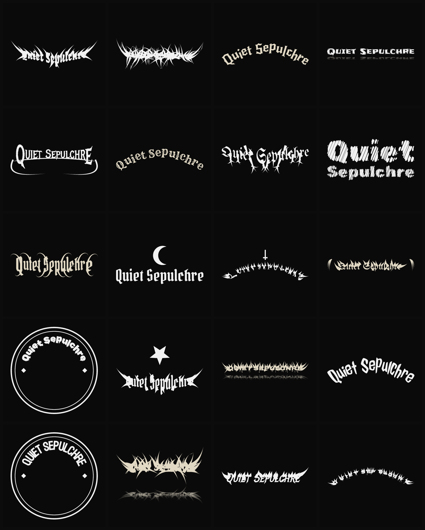 Twenty Quiet Sepulchre band logo ideas — different faces, treatments and spike settings