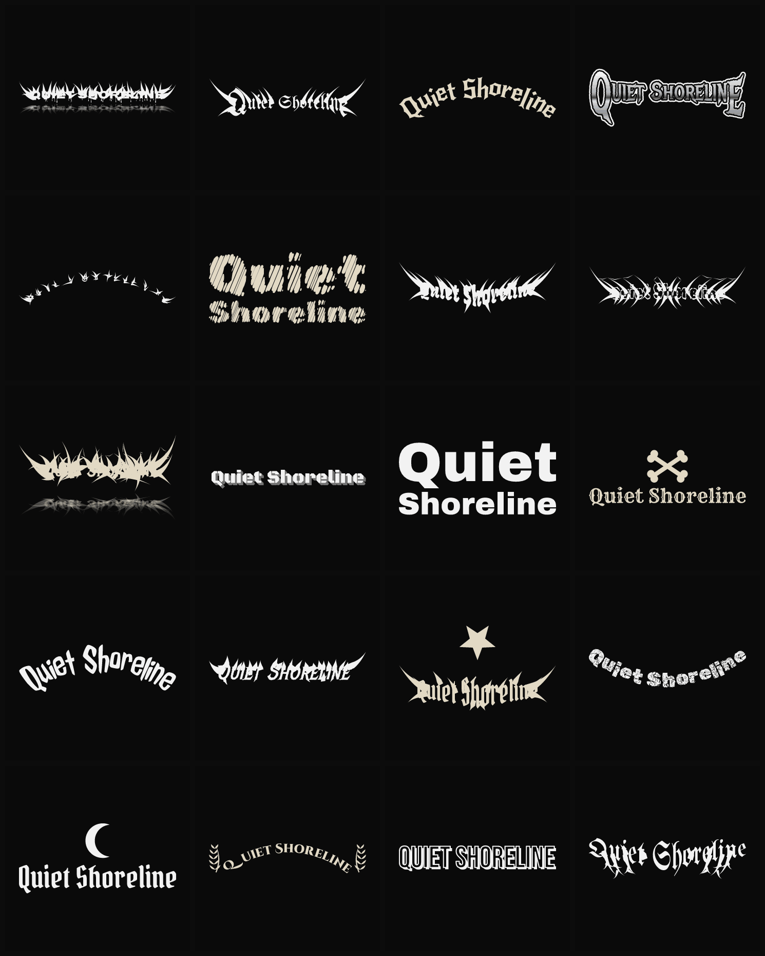 Twenty Quiet Shoreline band logo ideas — different faces, treatments and spike settings