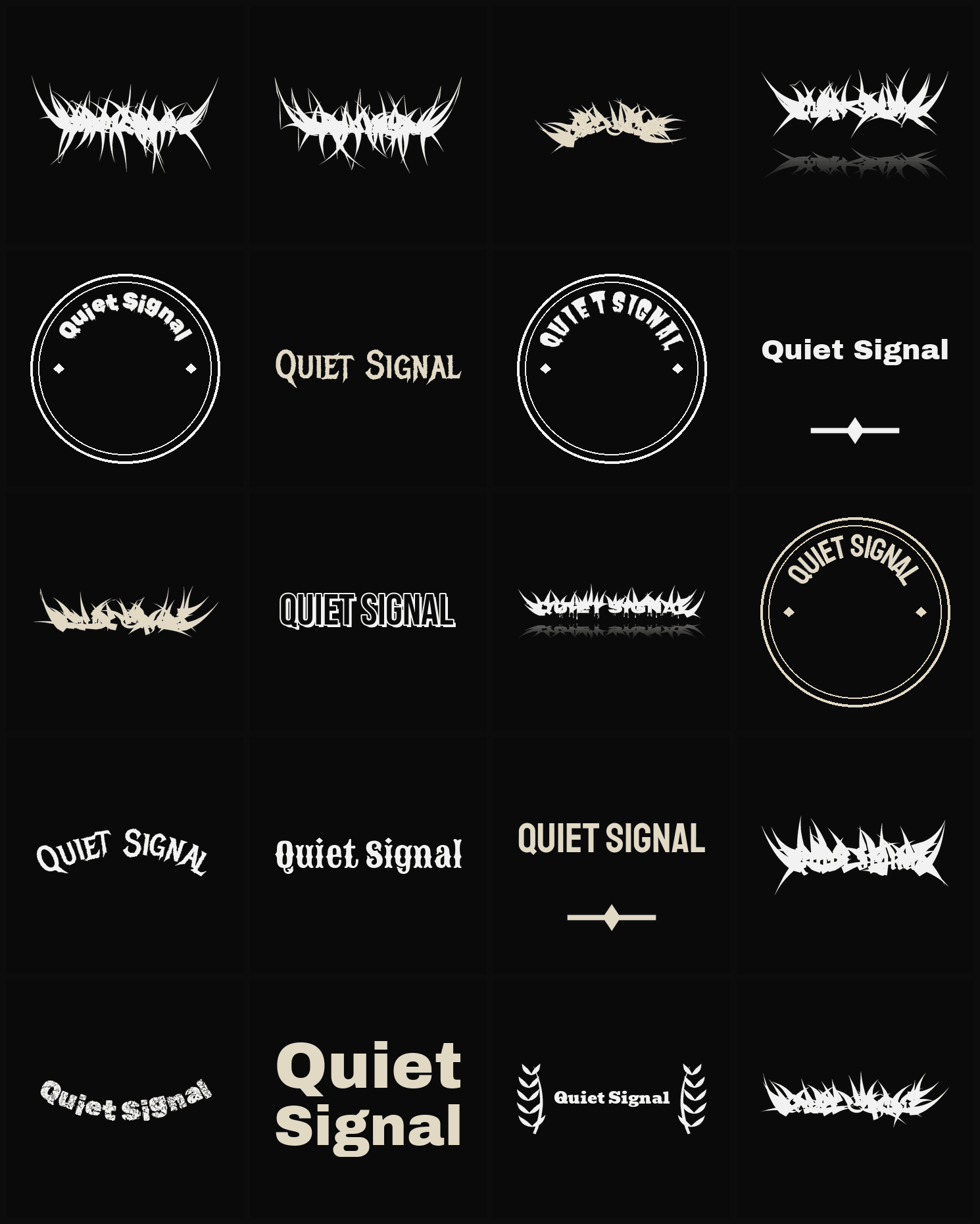 Twenty Quiet Signal band logo ideas — different faces, treatments and spike settings