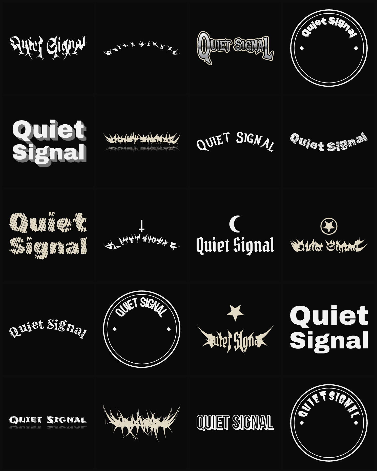 Twenty Quiet Signal band logo ideas — different faces, treatments and spike settings