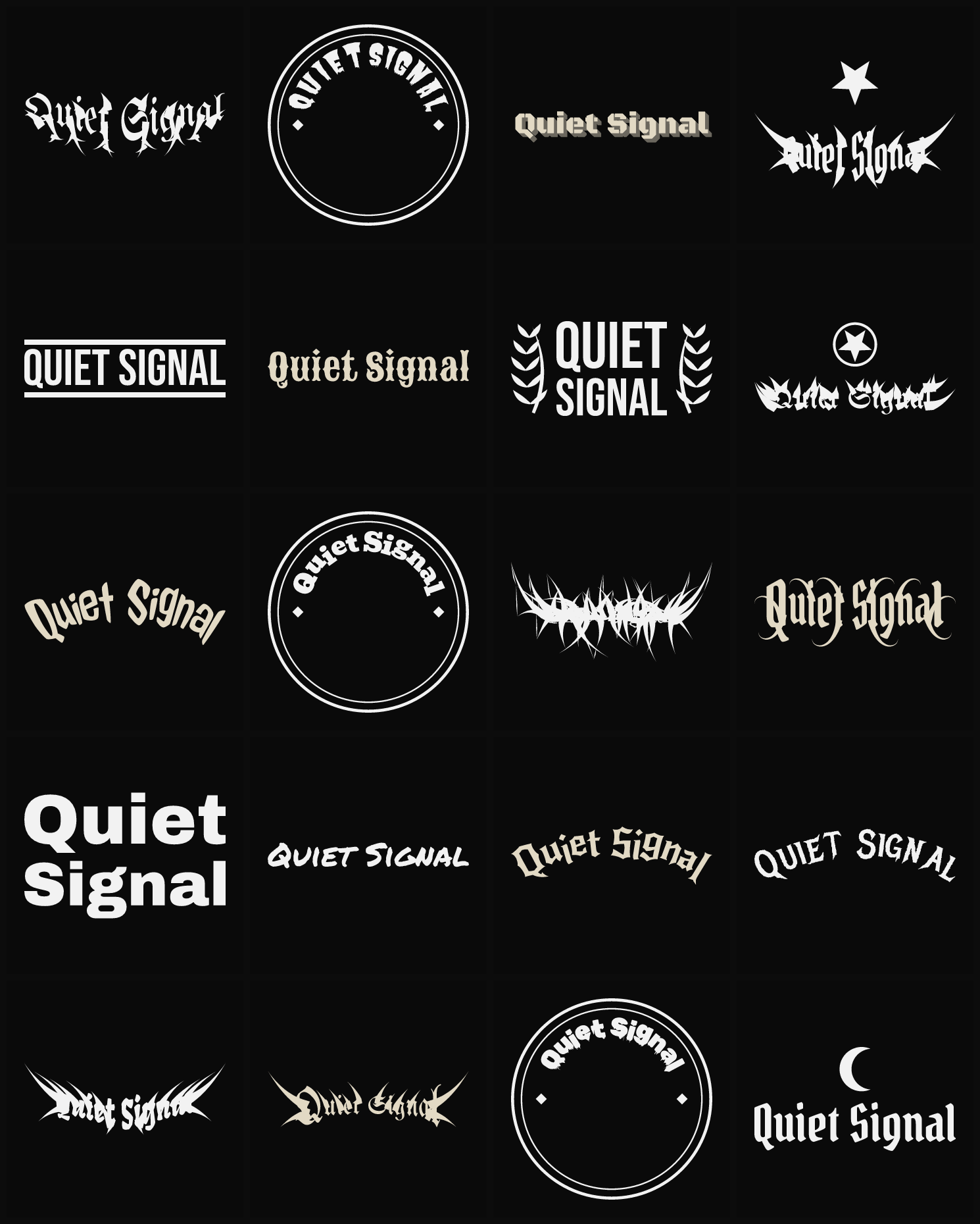 Twenty Quiet Signal band logo ideas — different faces, treatments and spike settings