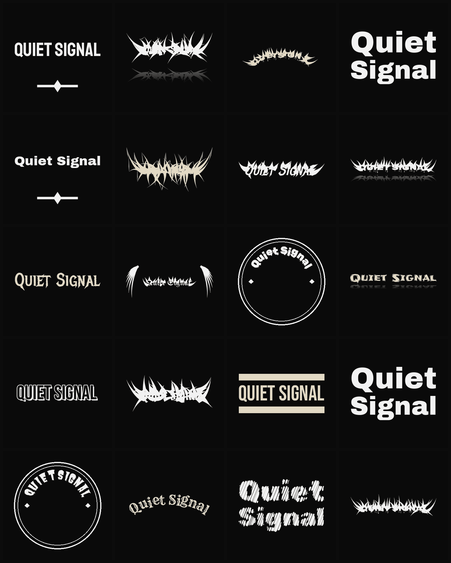 Twenty Quiet Signal band logo ideas — different faces, treatments and spike settings