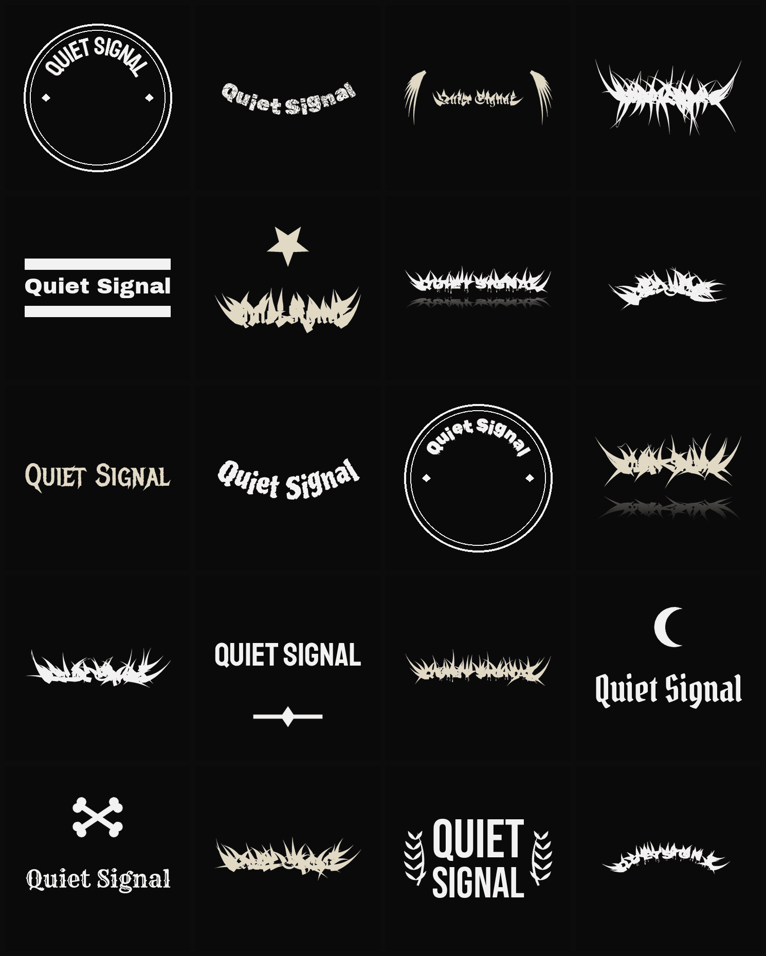 Twenty Quiet Signal band logo ideas — different faces, treatments and spike settings