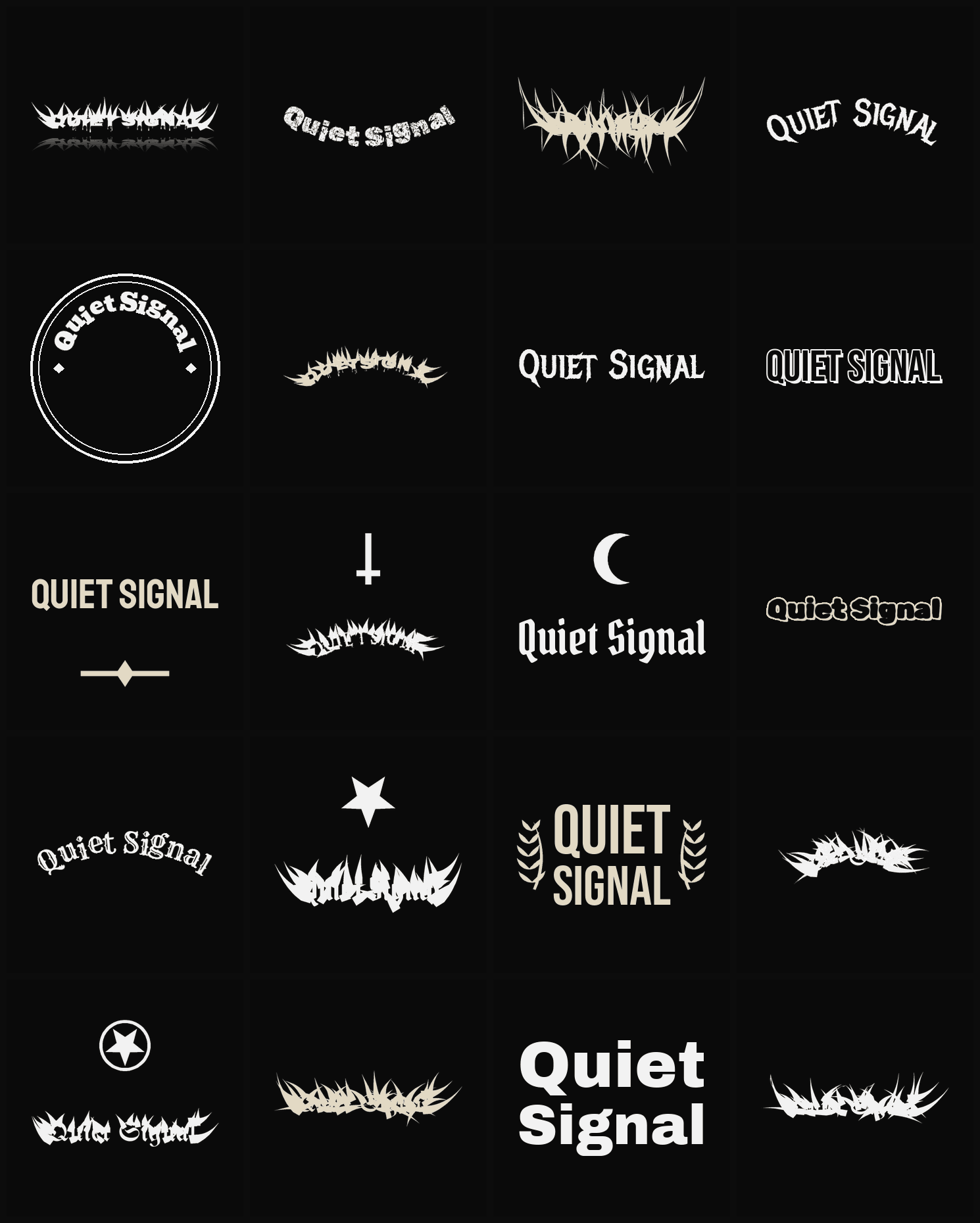 Twenty Quiet Signal band logo ideas — different faces, treatments and spike settings