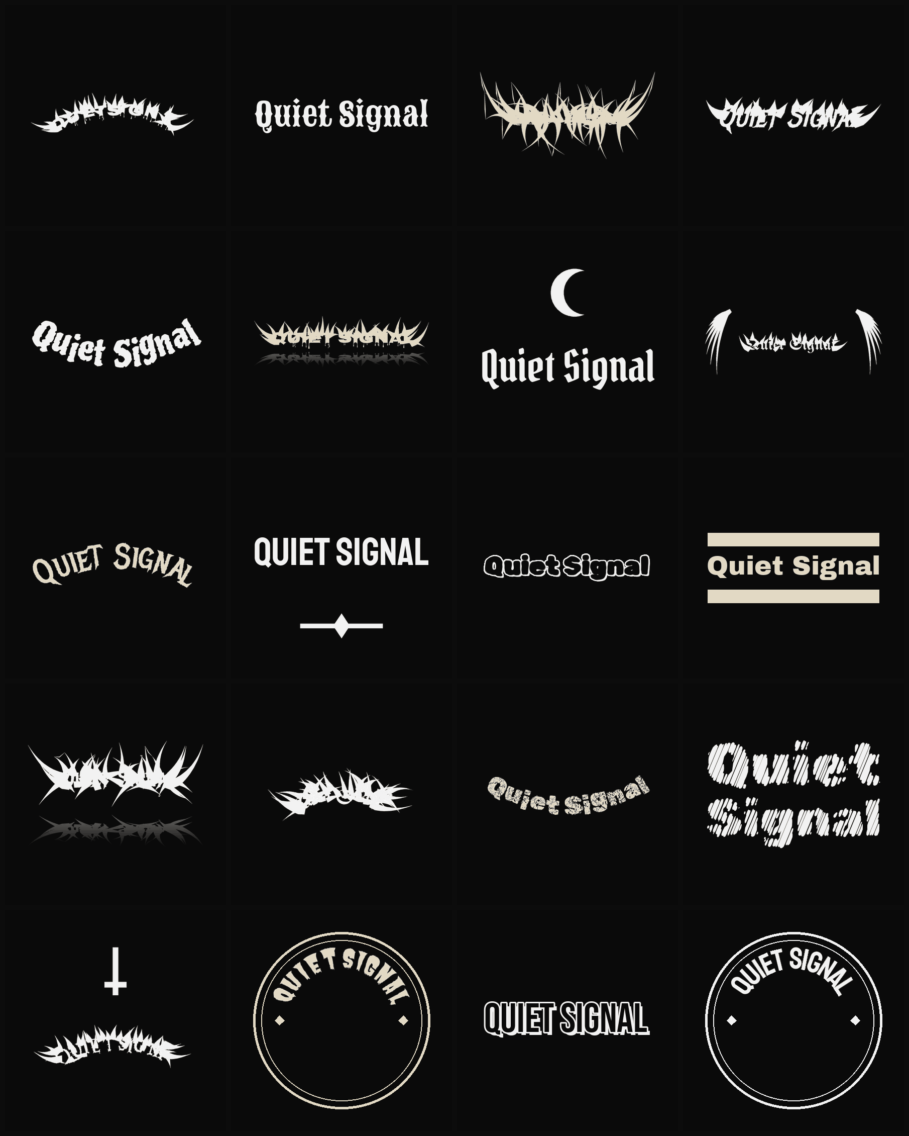 Twenty Quiet Signal band logo ideas — different faces, treatments and spike settings