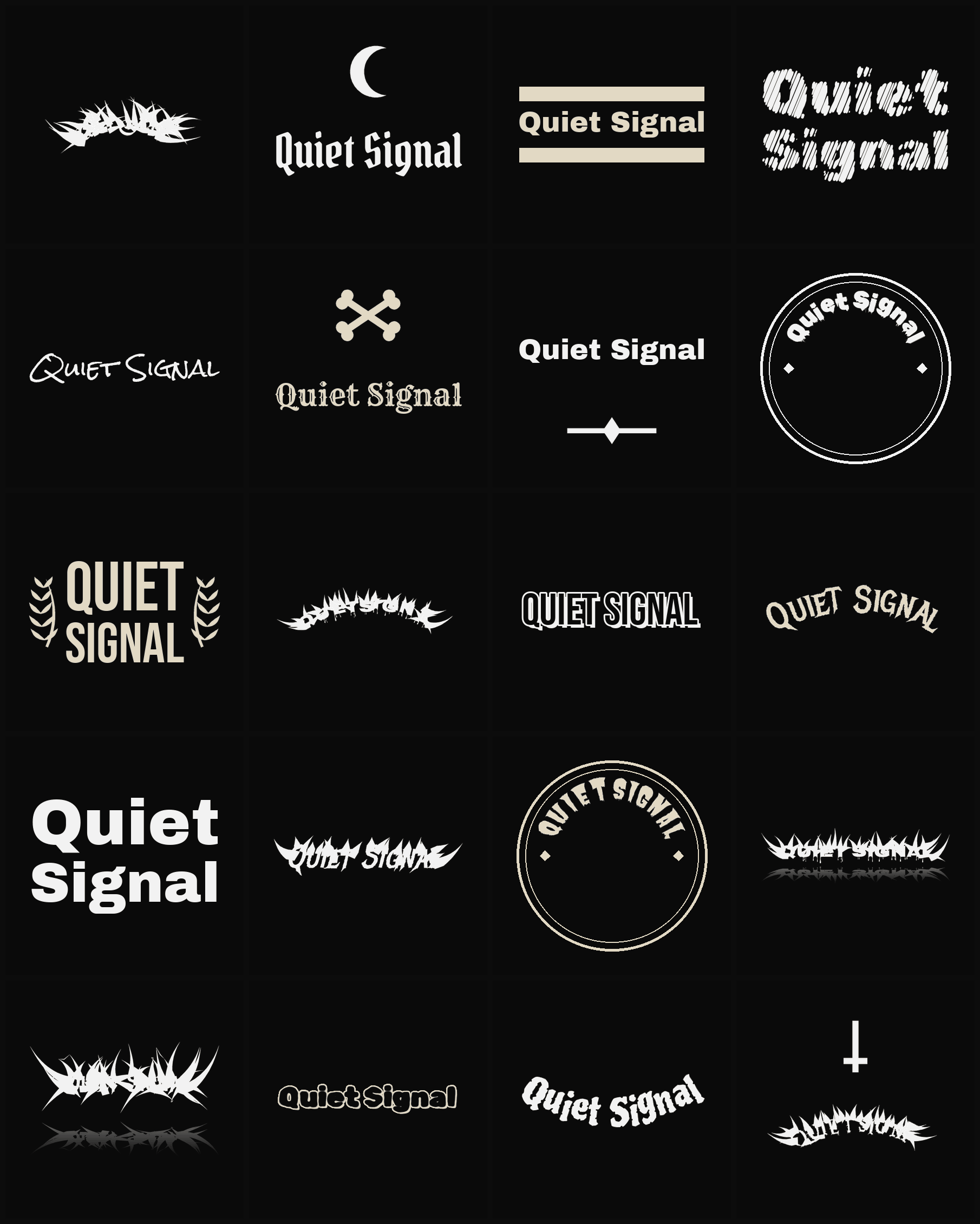 Twenty Quiet Signal band logo ideas — different faces, treatments and spike settings