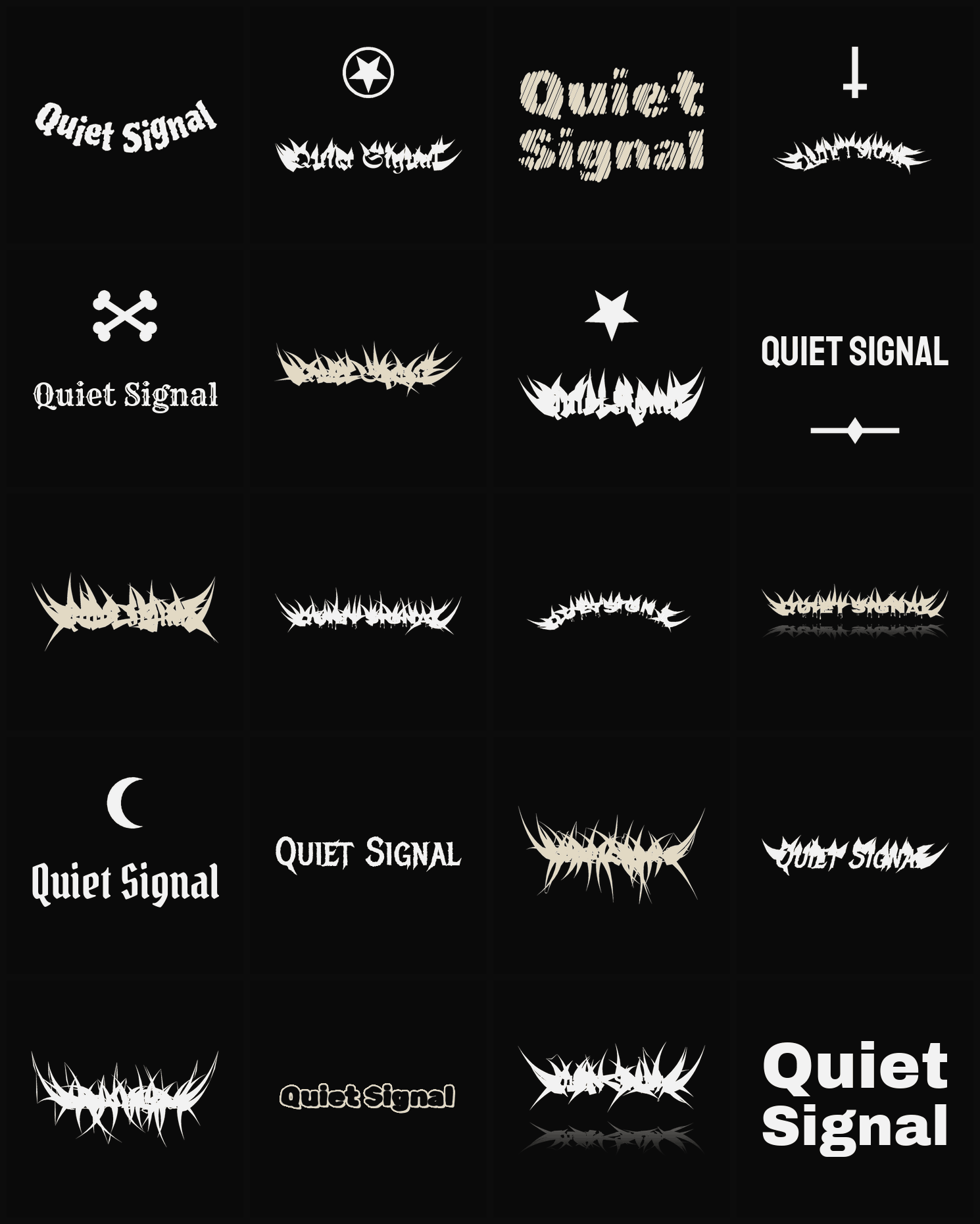 Twenty Quiet Signal band logo ideas — different faces, treatments and spike settings