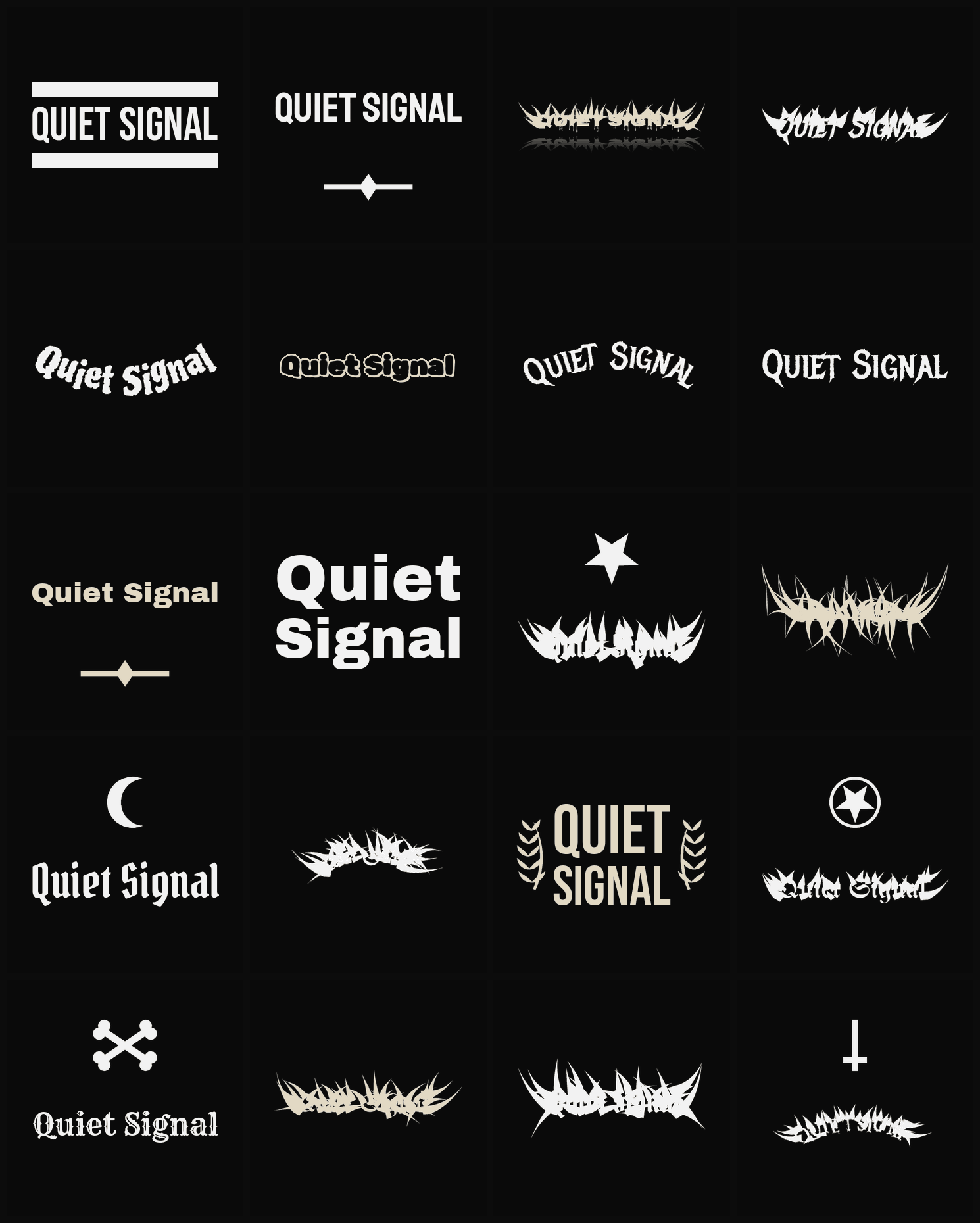 Twenty Quiet Signal band logo ideas — different faces, treatments and spike settings