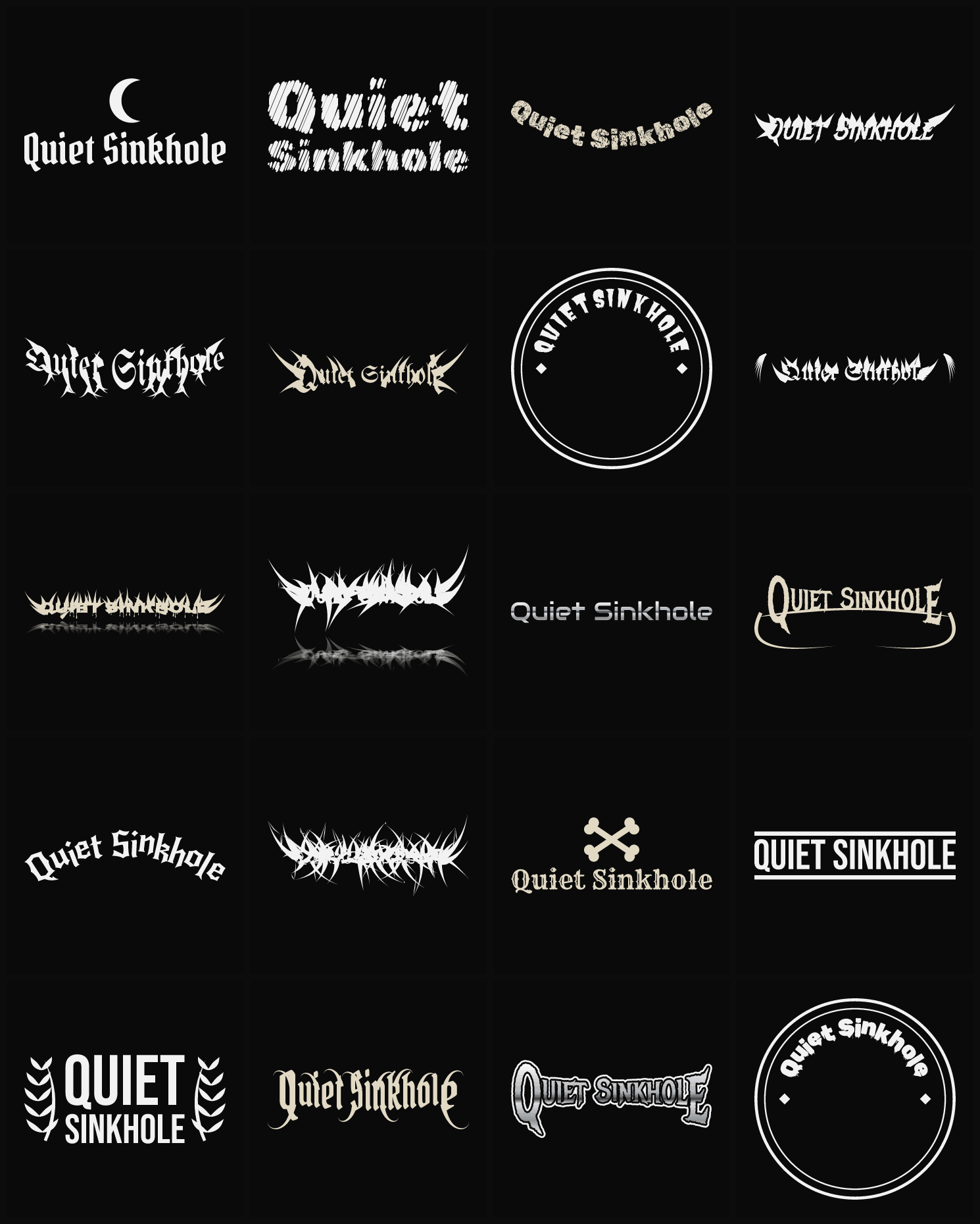 Twenty Quiet Sinkhole band logo ideas — different faces, treatments and spike settings
