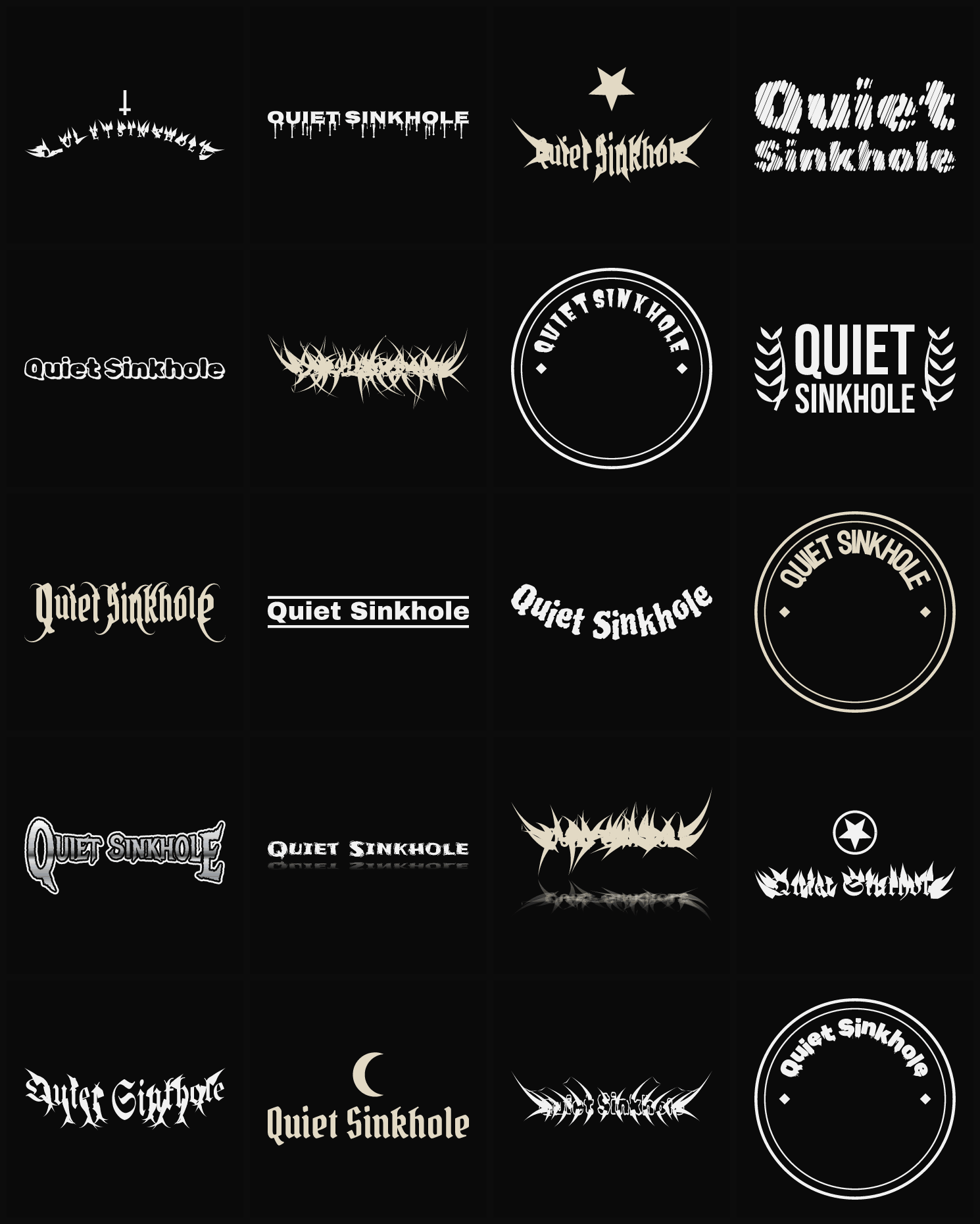 Twenty Quiet Sinkhole band logo ideas — different faces, treatments and spike settings