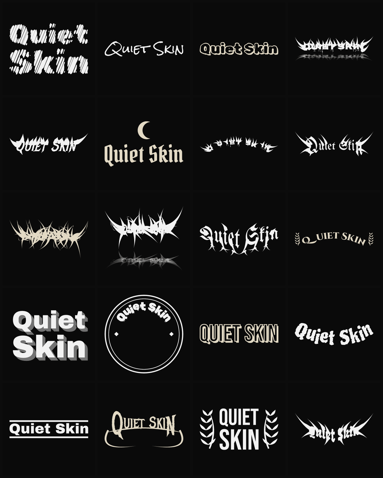 Twenty Quiet Skin band logo ideas — different faces, treatments and spike settings