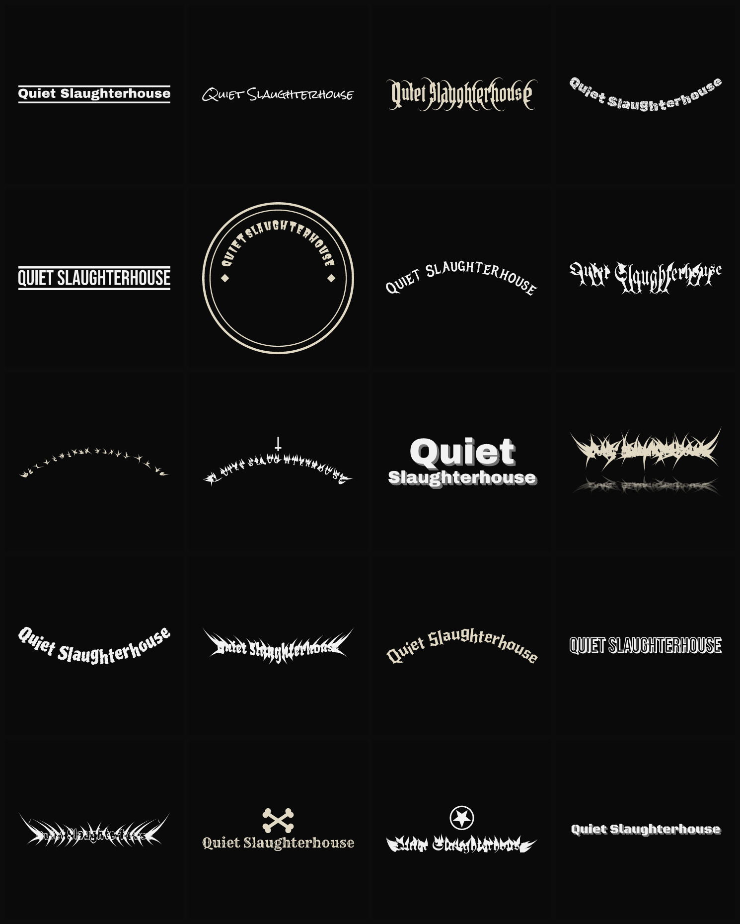Twenty Quiet Slaughterhouse band logo ideas — different faces, treatments and spike settings