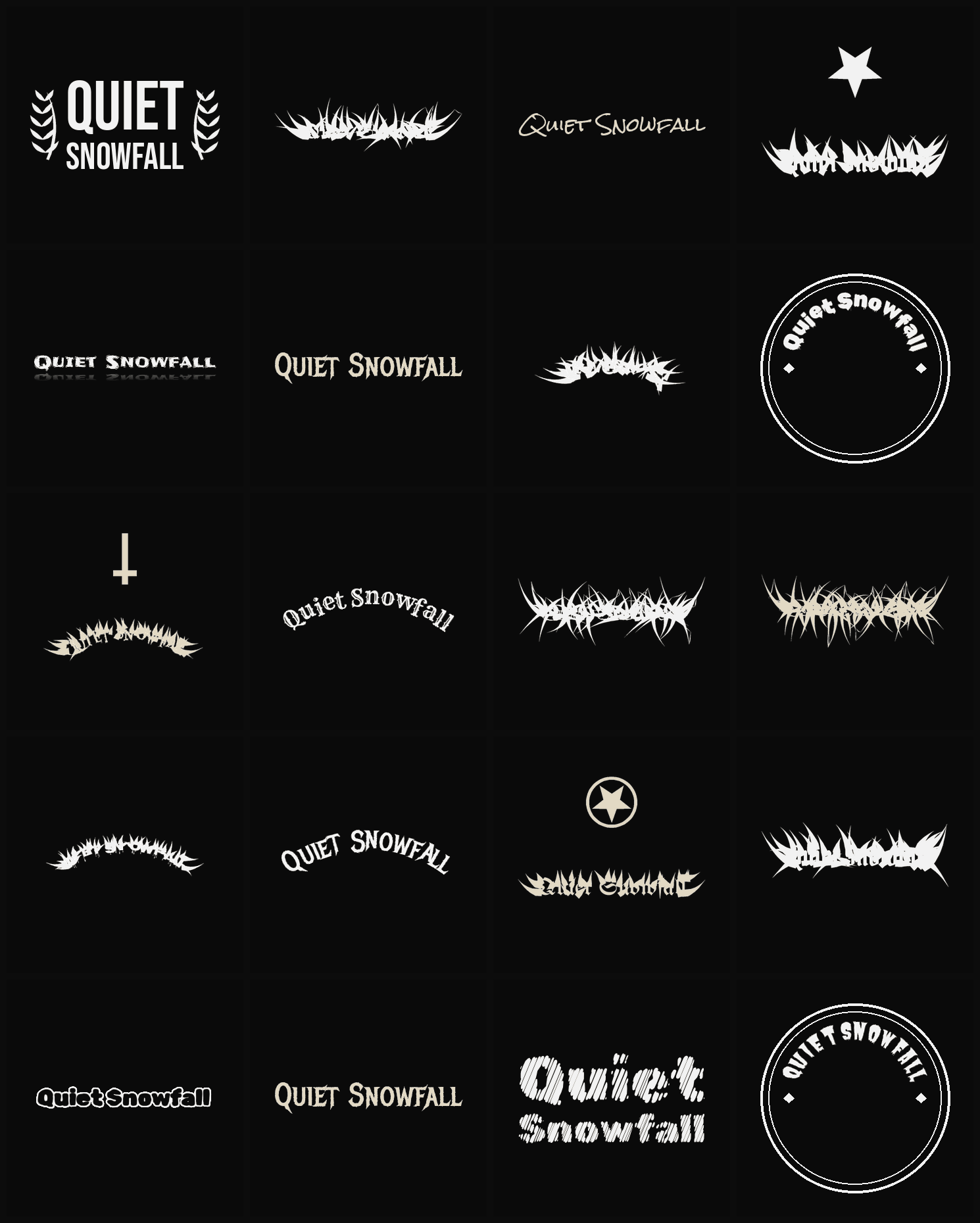 Twenty Quiet Snowfall band logo ideas — different faces, treatments and spike settings