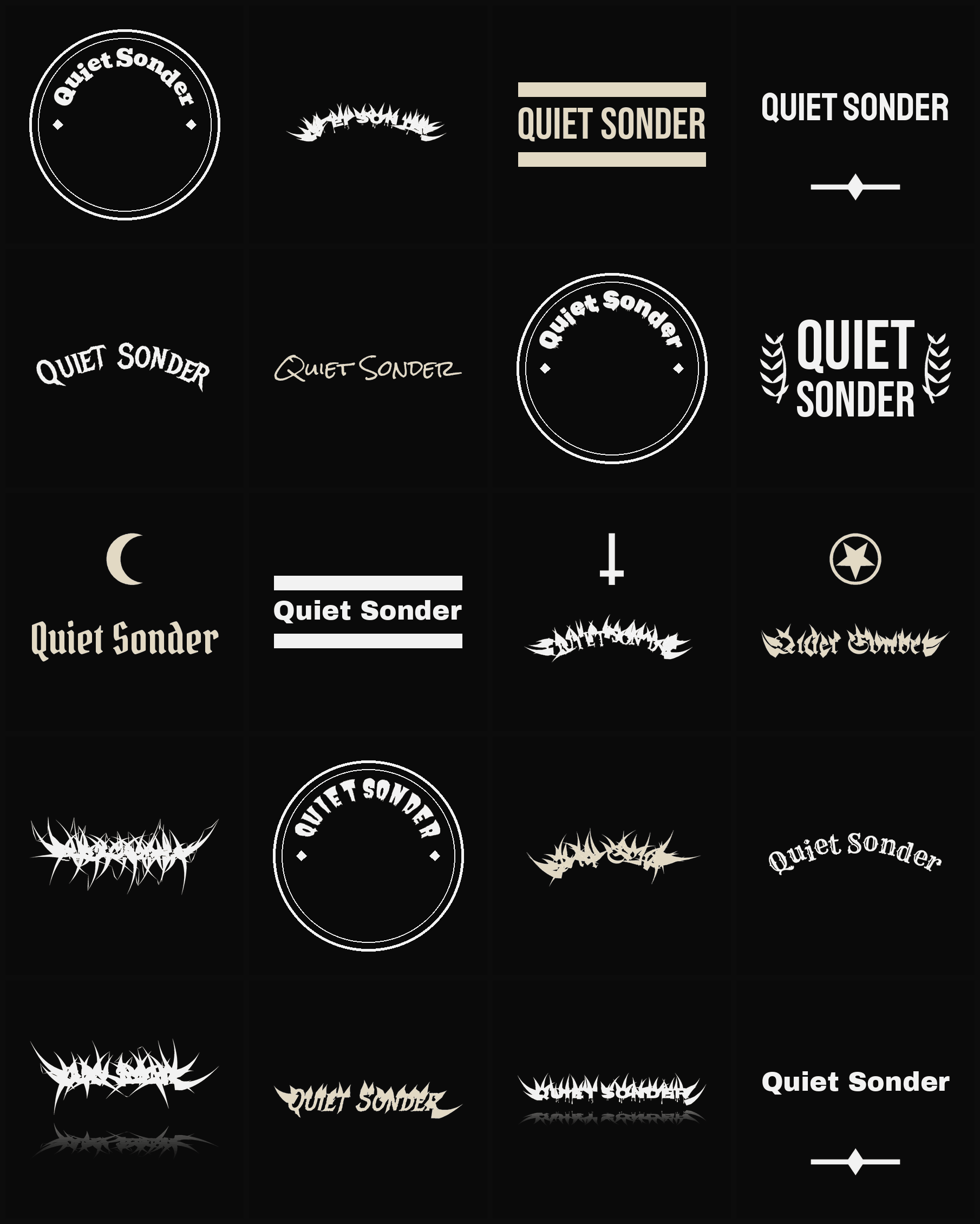 Twenty Quiet Sonder band logo ideas — different faces, treatments and spike settings