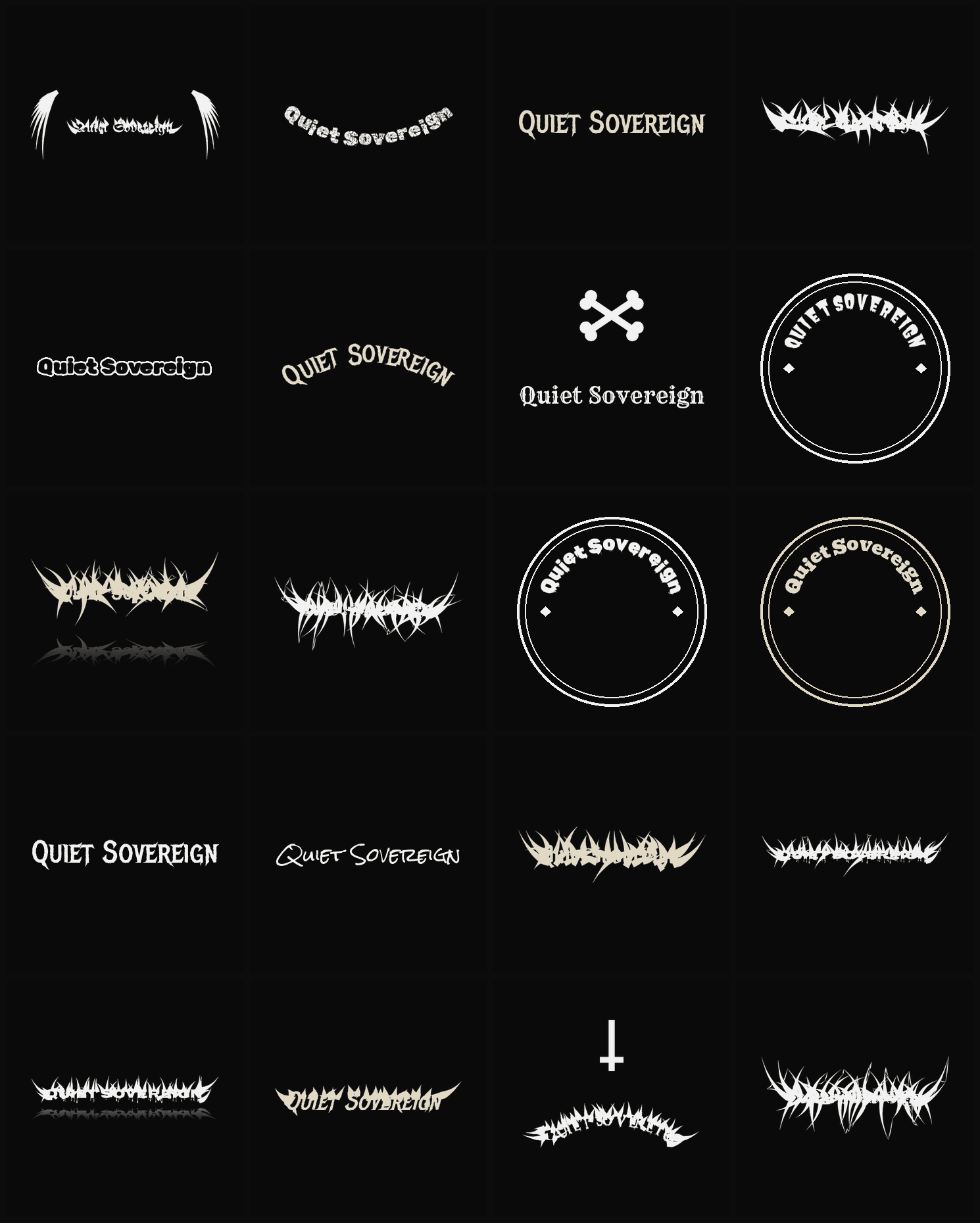 Twenty Quiet Sovereign band logo ideas — different faces, treatments and spike settings