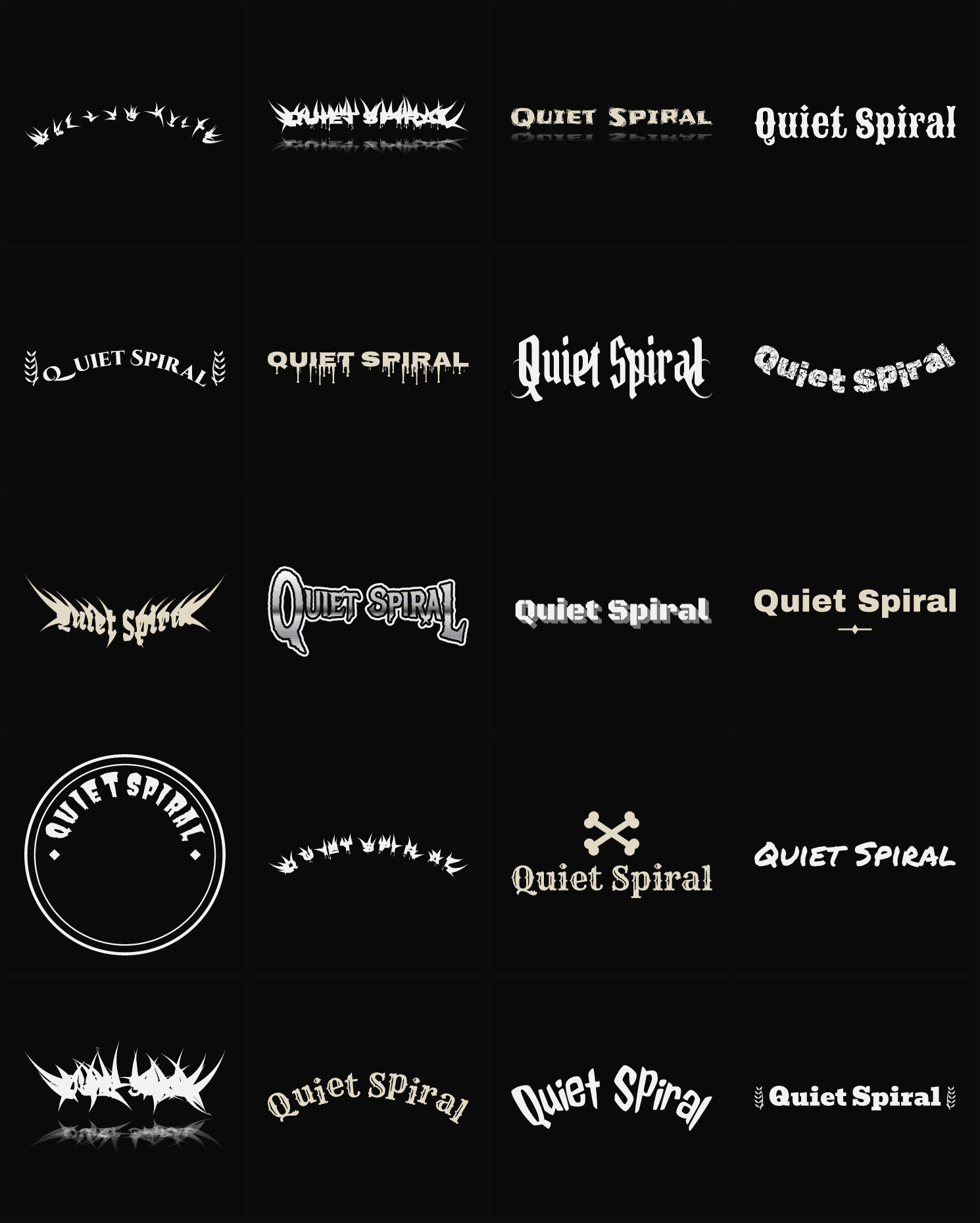 Twenty Quiet Spiral band logo ideas — different faces, treatments and spike settings