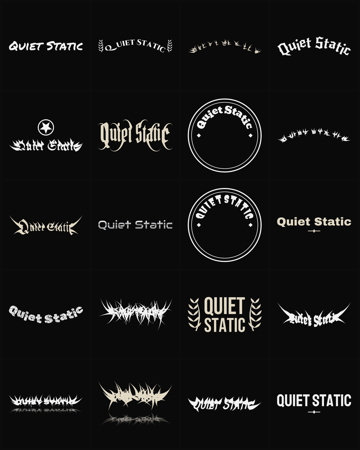 Twenty Quiet Static band logo ideas — different faces, treatments and spike settings