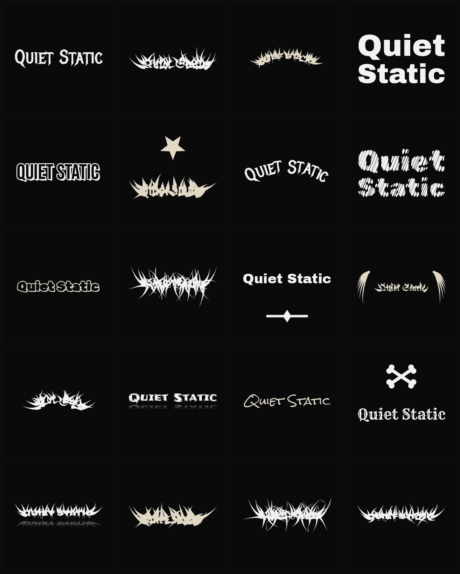 Twenty Quiet Static band logo ideas — different faces, treatments and spike settings