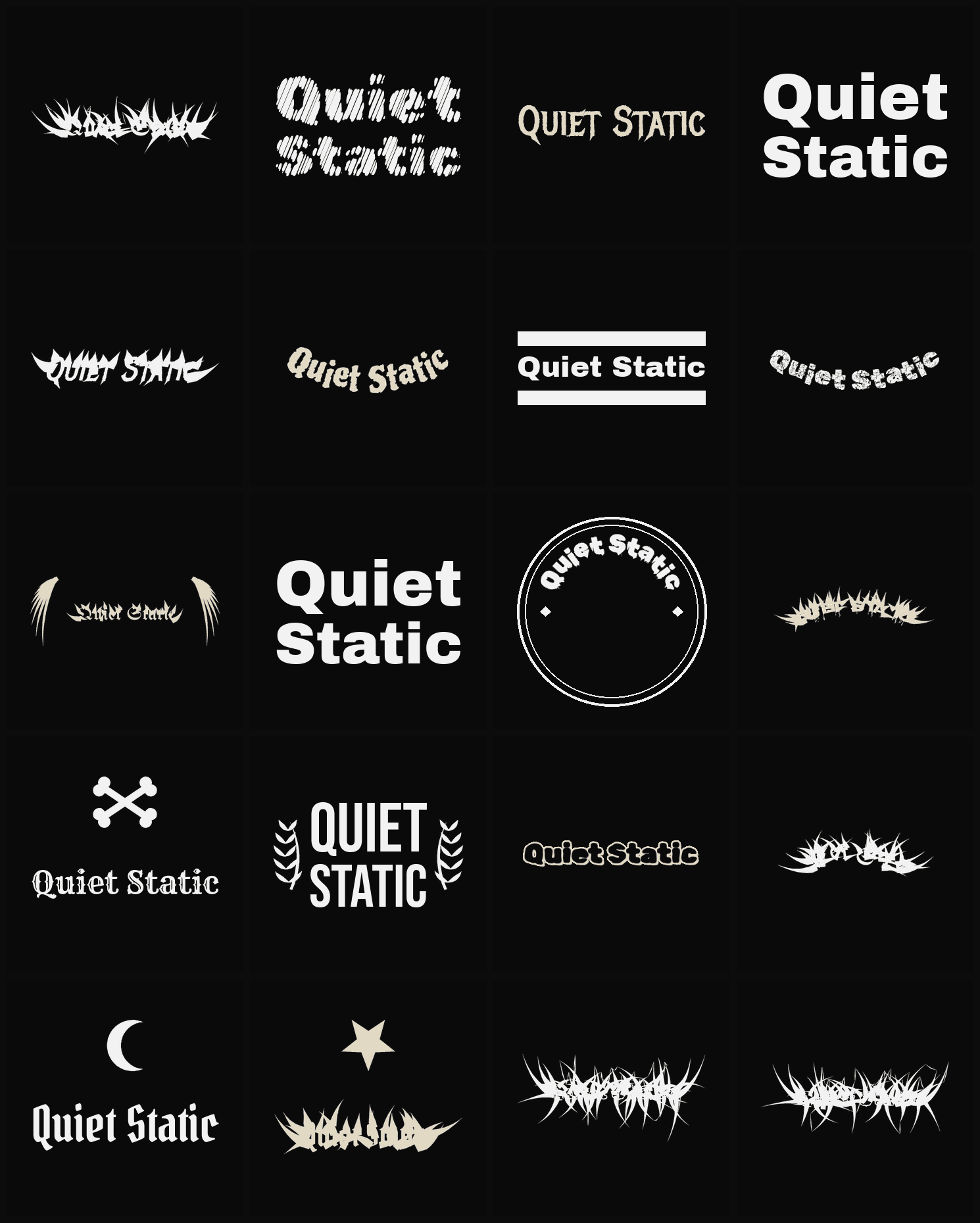 Twenty Quiet Static band logo ideas — different faces, treatments and spike settings