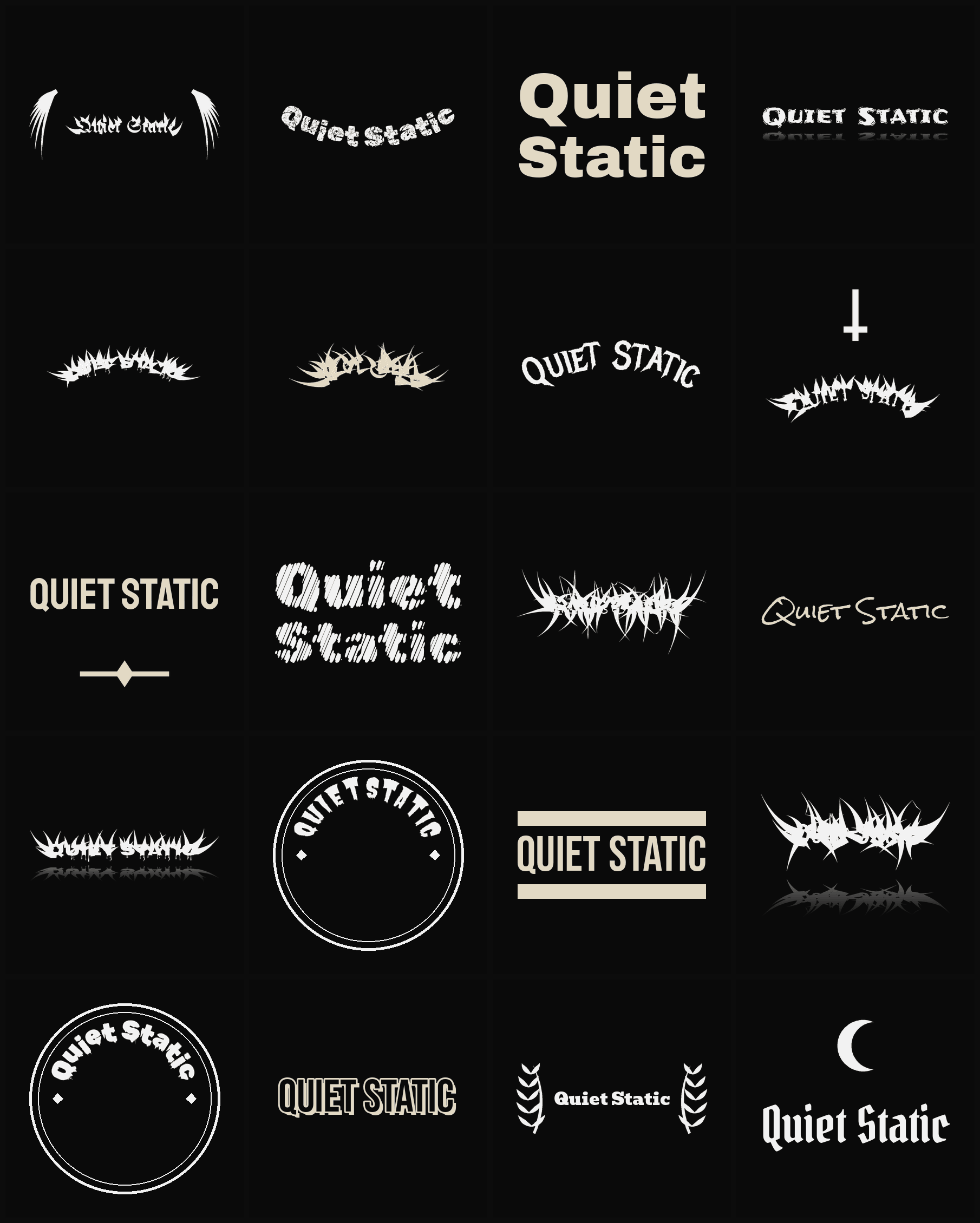 Twenty Quiet Static band logo ideas — different faces, treatments and spike settings