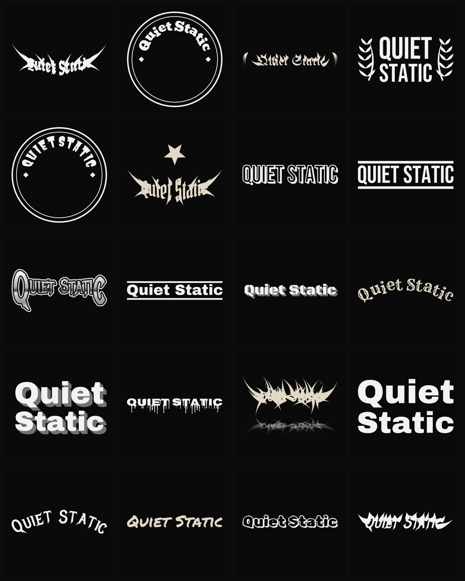 Twenty Quiet Static band logo ideas — different faces, treatments and spike settings