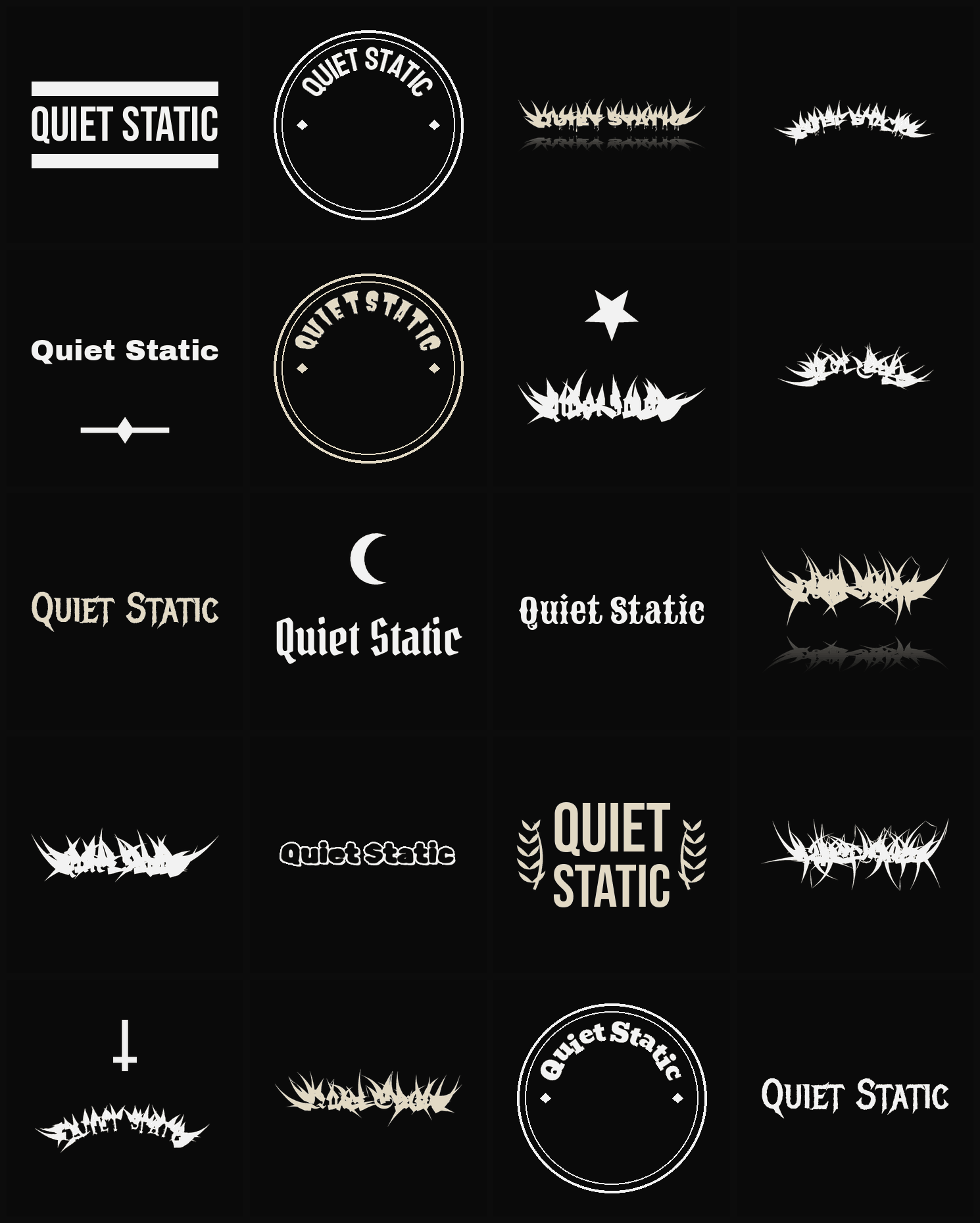 Twenty Quiet Static band logo ideas — different faces, treatments and spike settings