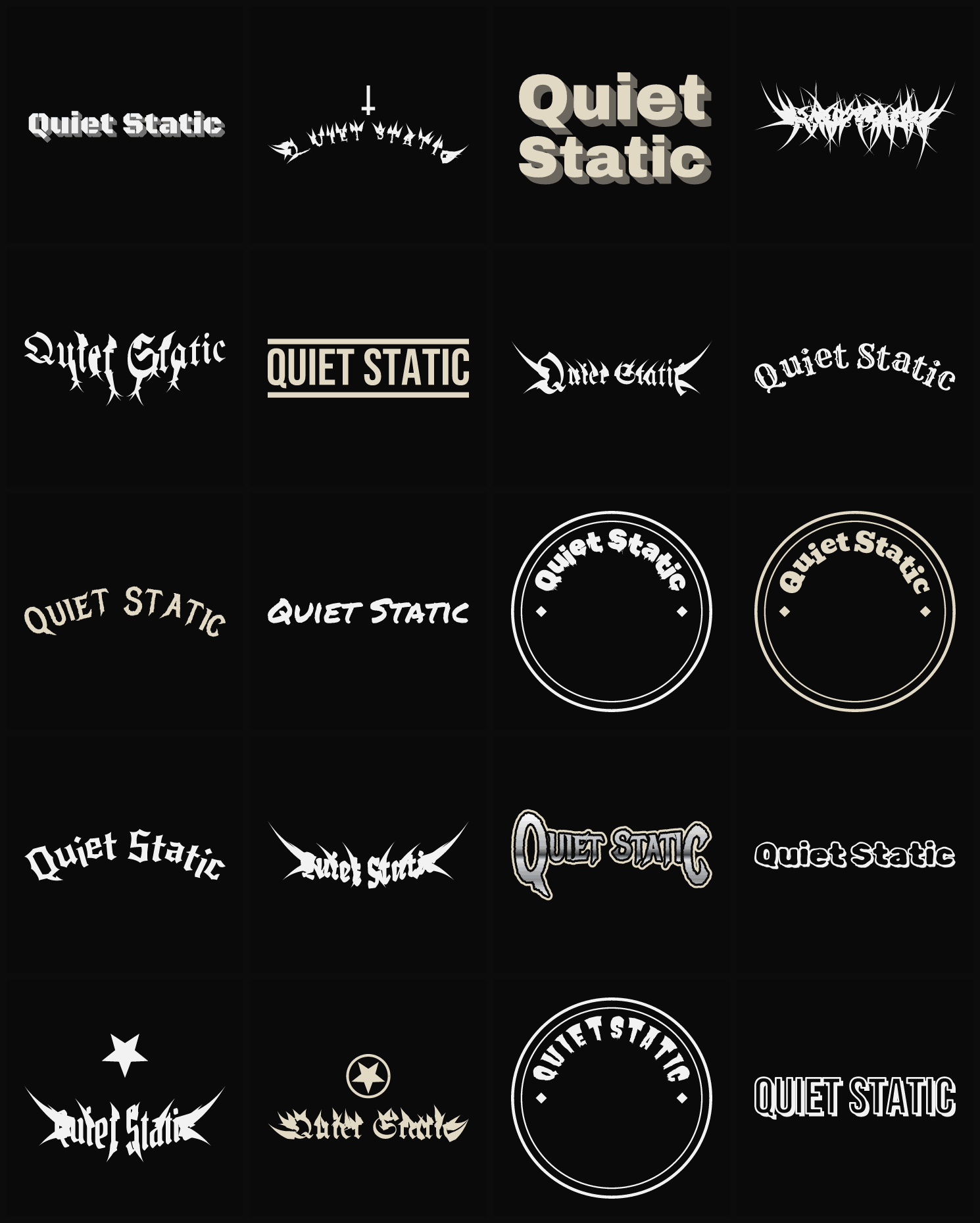 Twenty Quiet Static band logo ideas — different faces, treatments and spike settings