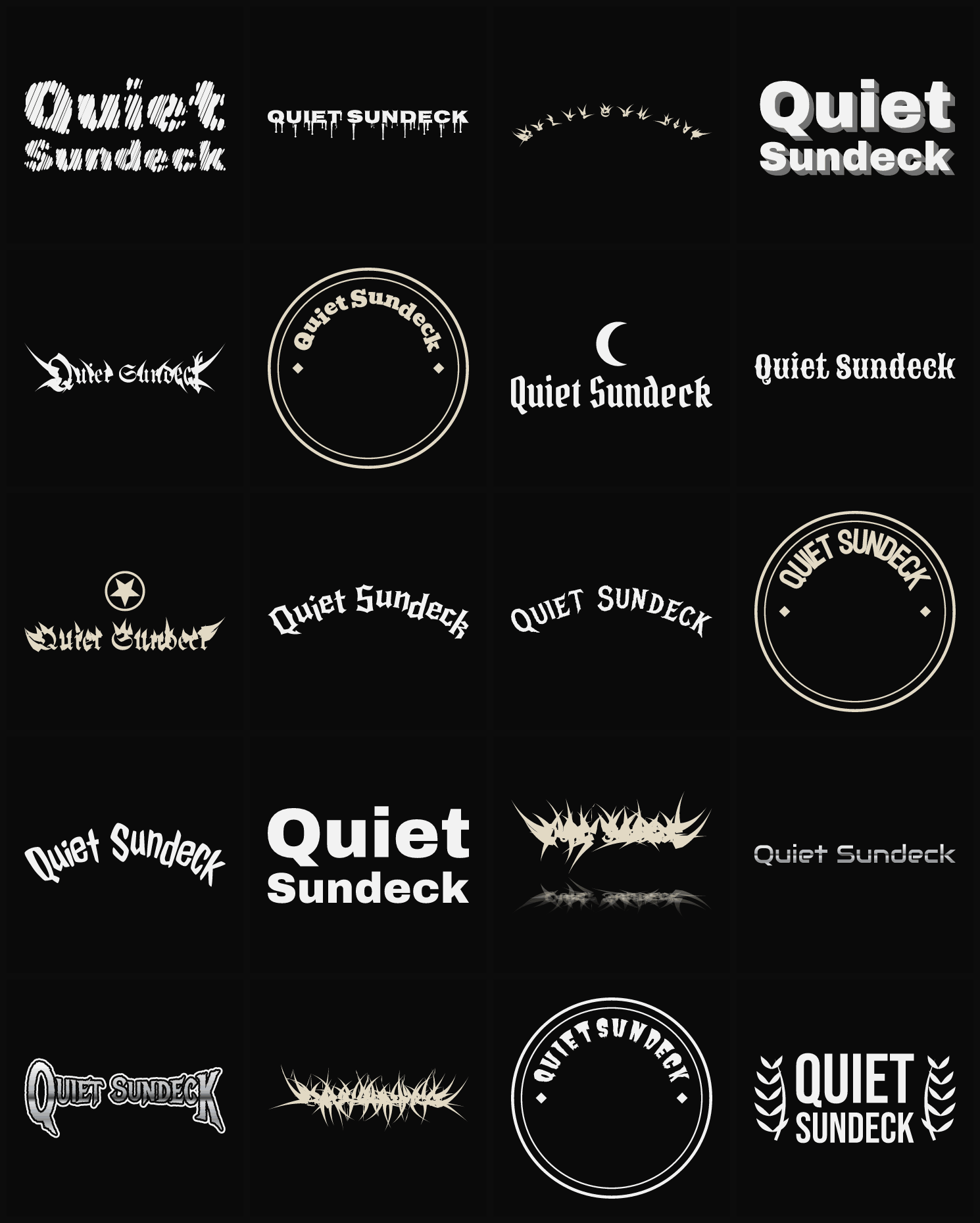 Twenty Quiet Sundeck band logo ideas — different faces, treatments and spike settings