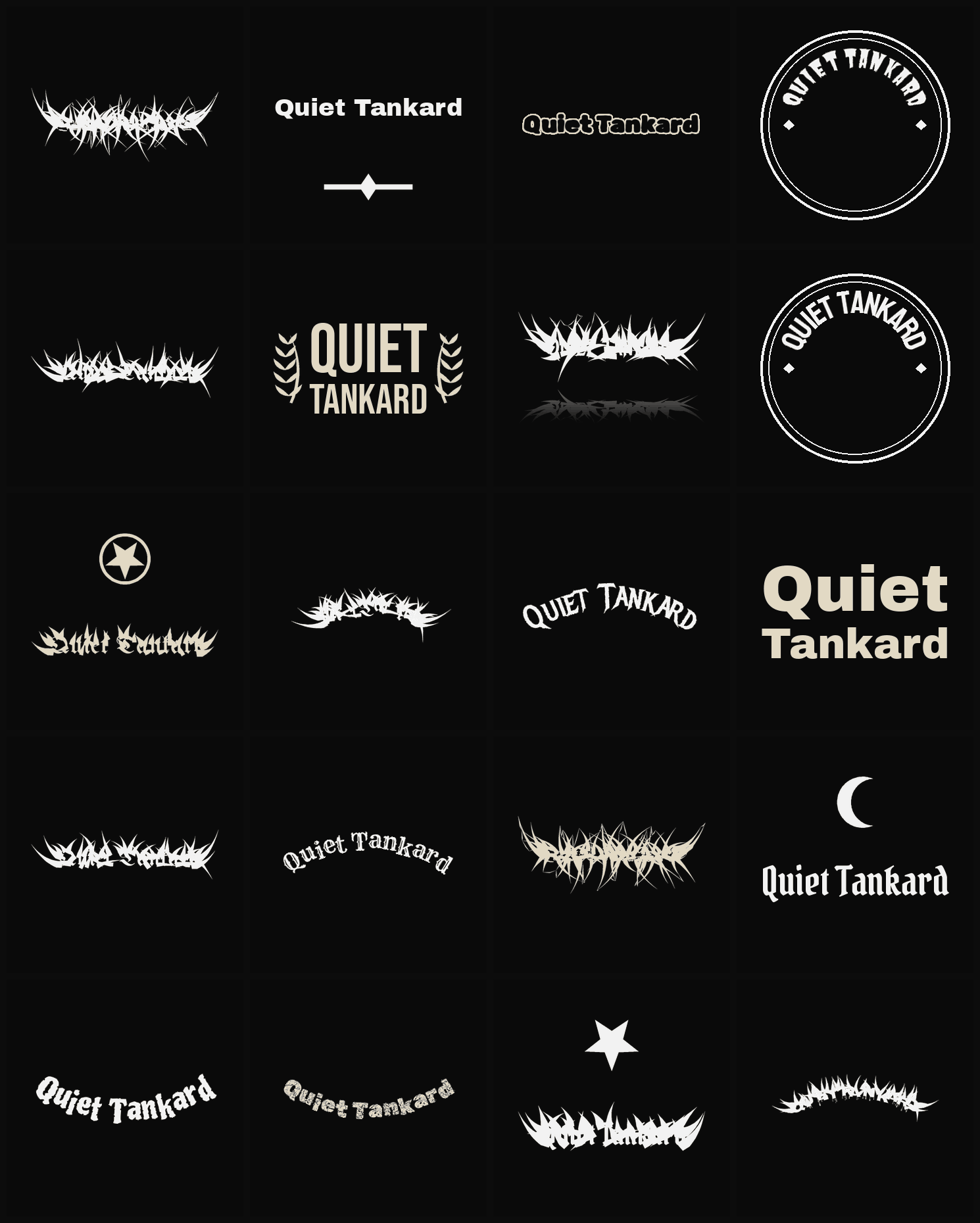 Twenty Quiet Tankard band logo ideas — different faces, treatments and spike settings