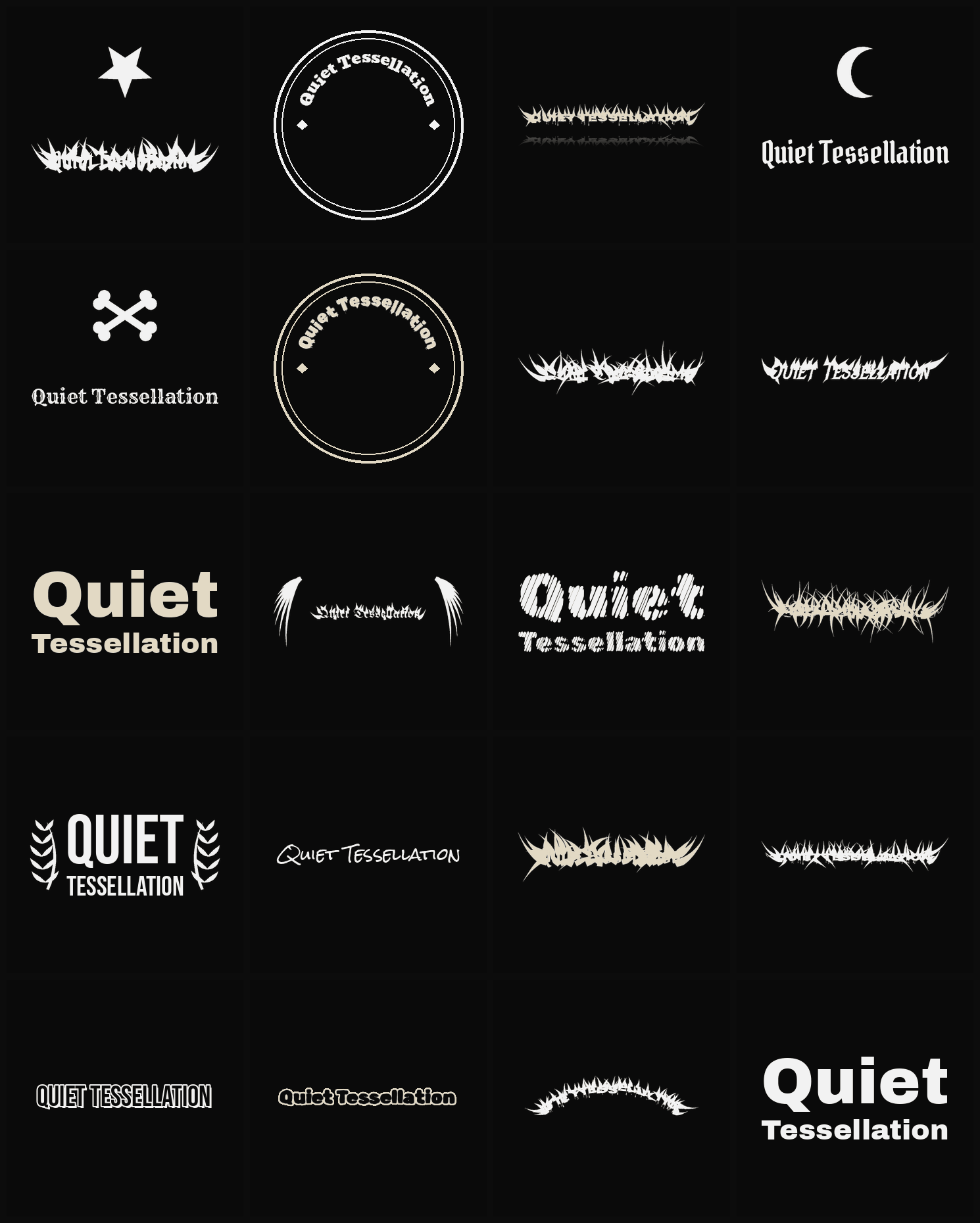 Twenty Quiet Tessellation band logo ideas — different faces, treatments and spike settings