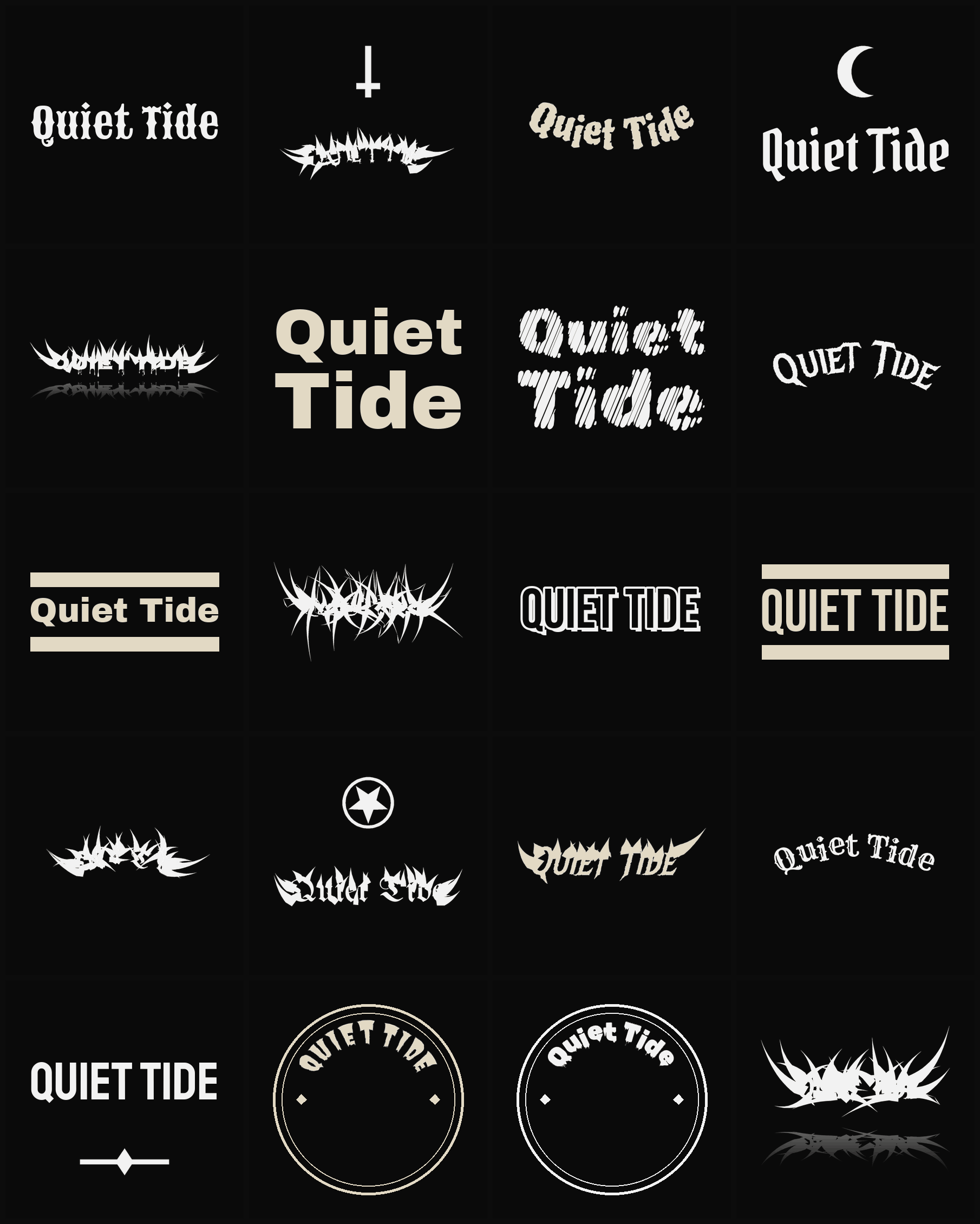 Twenty Quiet Tide band logo ideas — different faces, treatments and spike settings