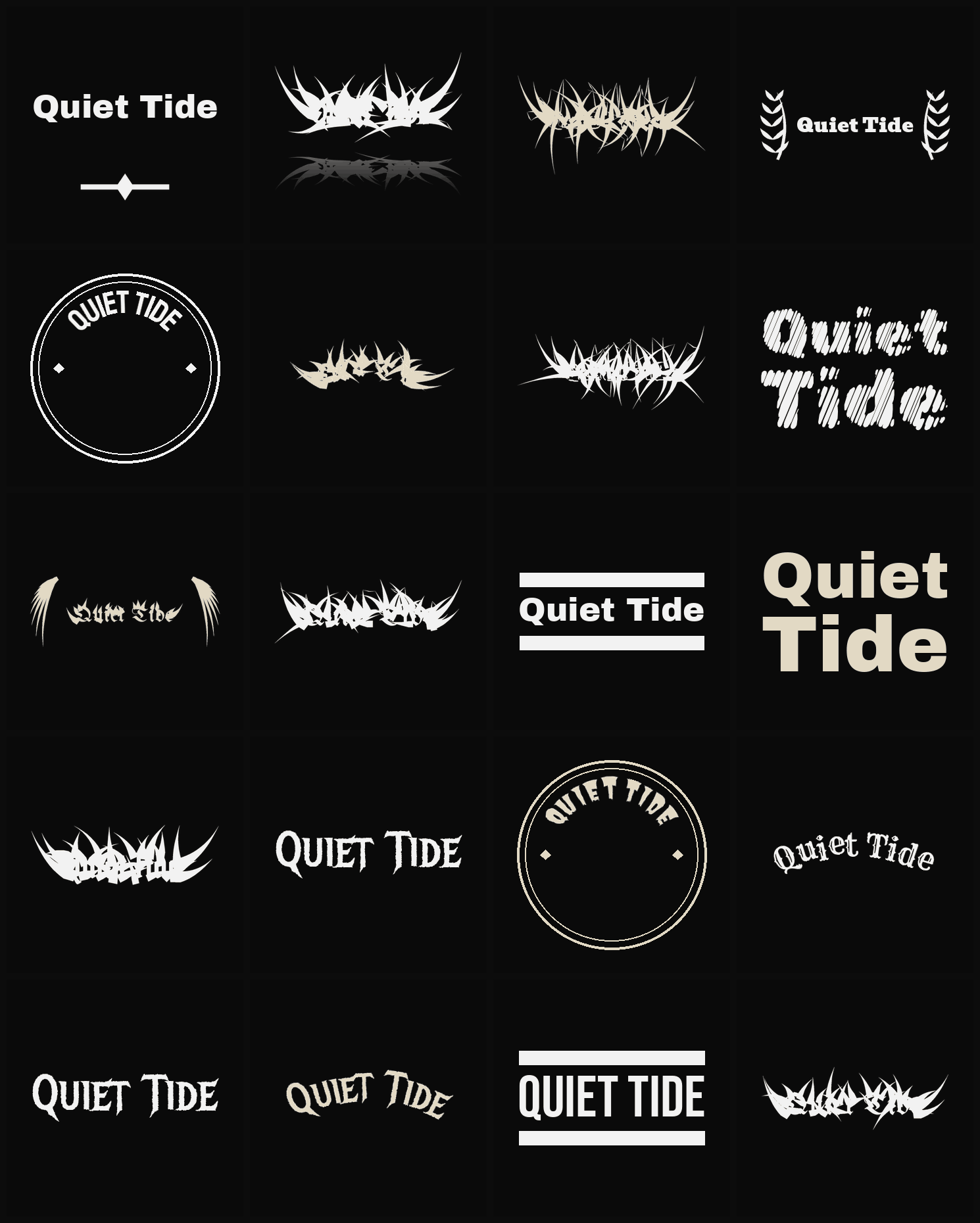 Twenty Quiet Tide band logo ideas — different faces, treatments and spike settings