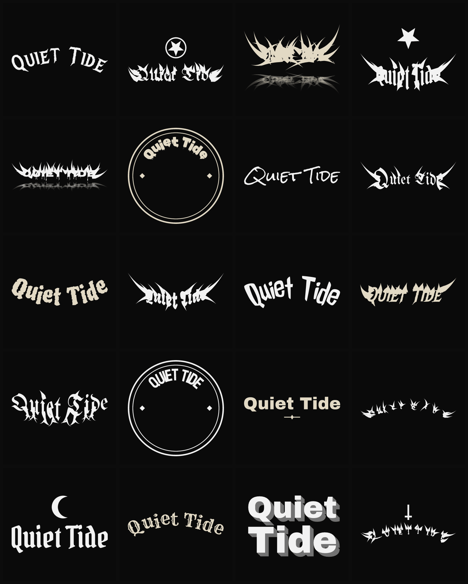 Twenty Quiet Tide band logo ideas — different faces, treatments and spike settings