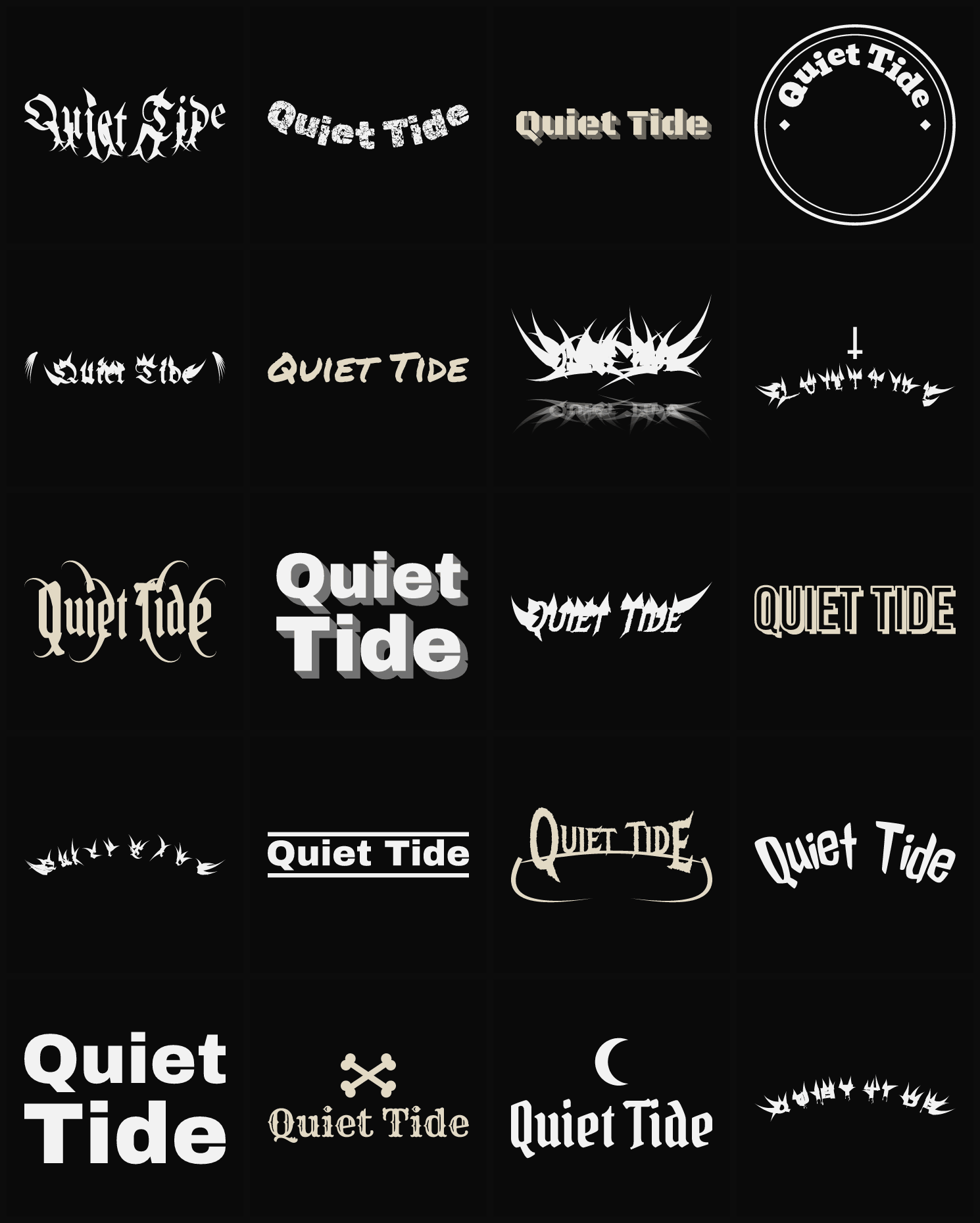 Twenty Quiet Tide band logo ideas — different faces, treatments and spike settings