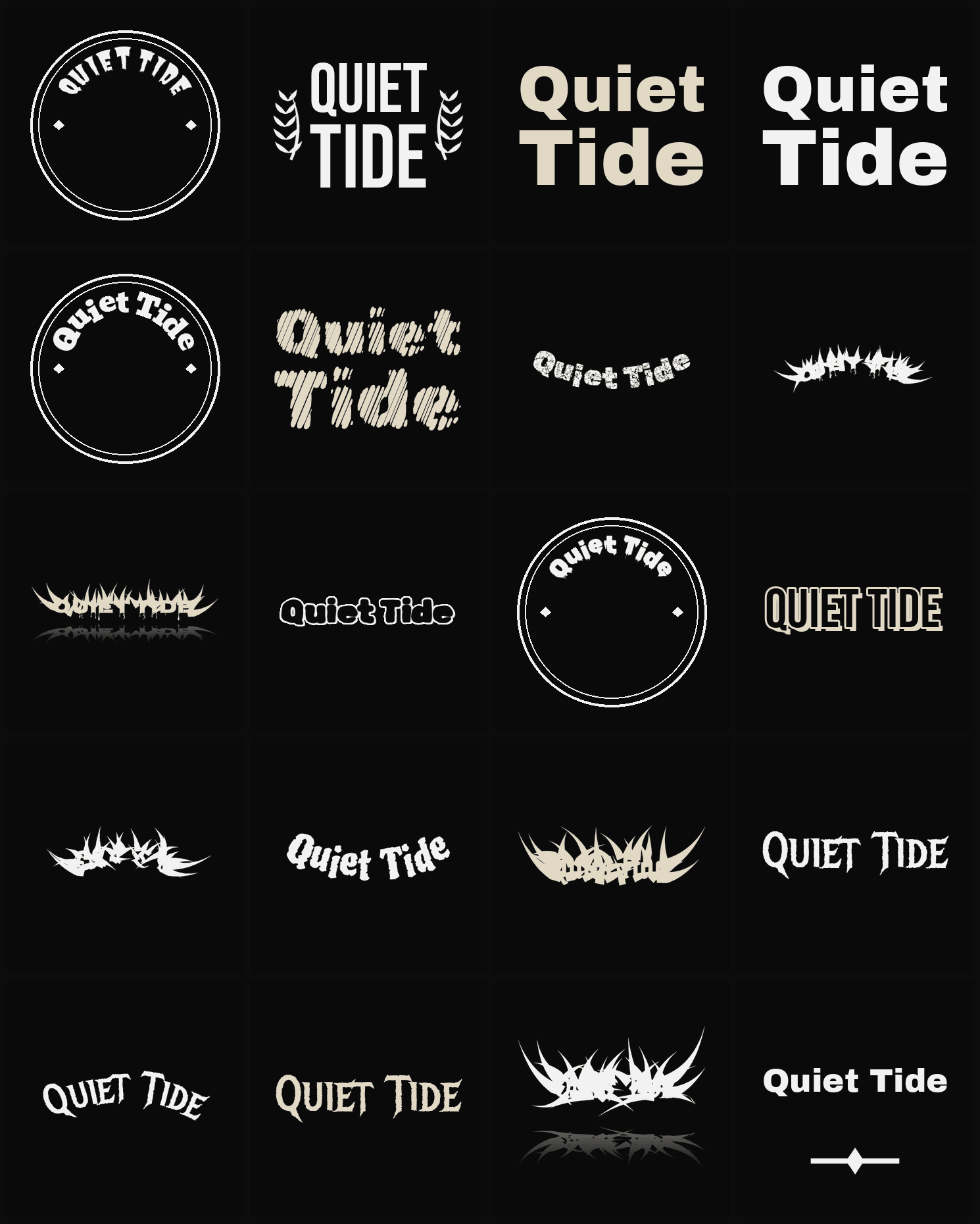 Twenty Quiet Tide band logo ideas — different faces, treatments and spike settings