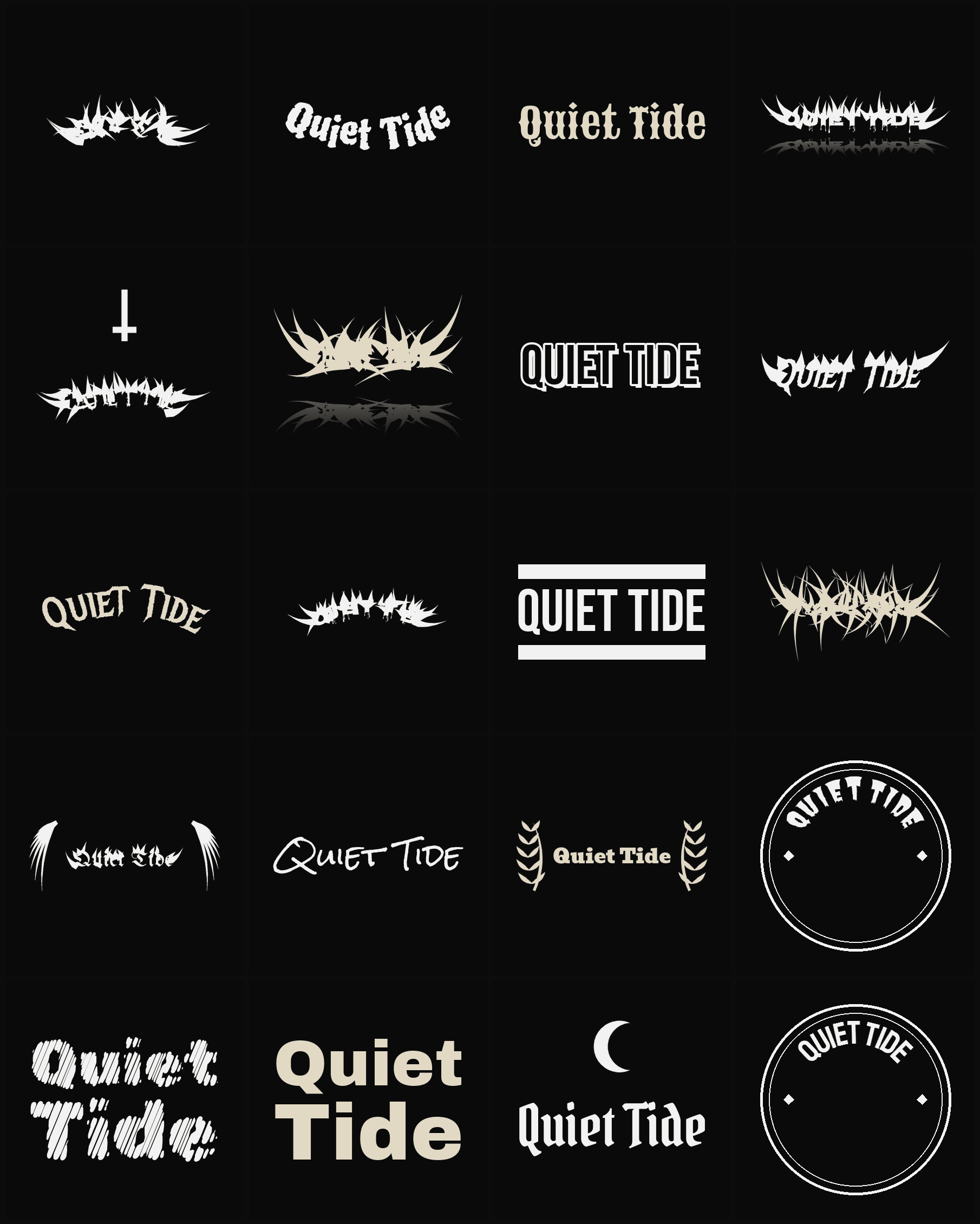 Twenty Quiet Tide band logo ideas — different faces, treatments and spike settings