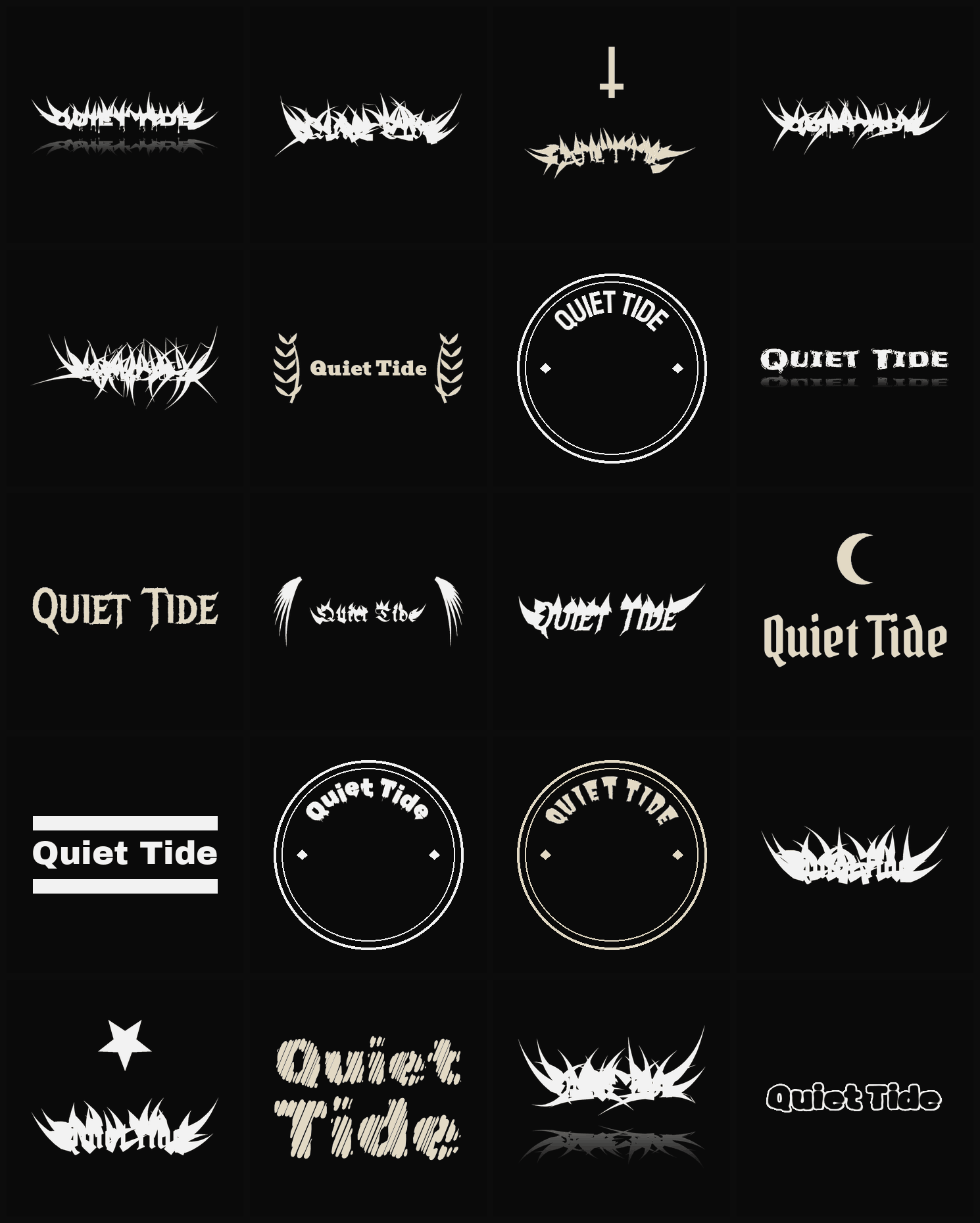 Twenty Quiet Tide band logo ideas — different faces, treatments and spike settings