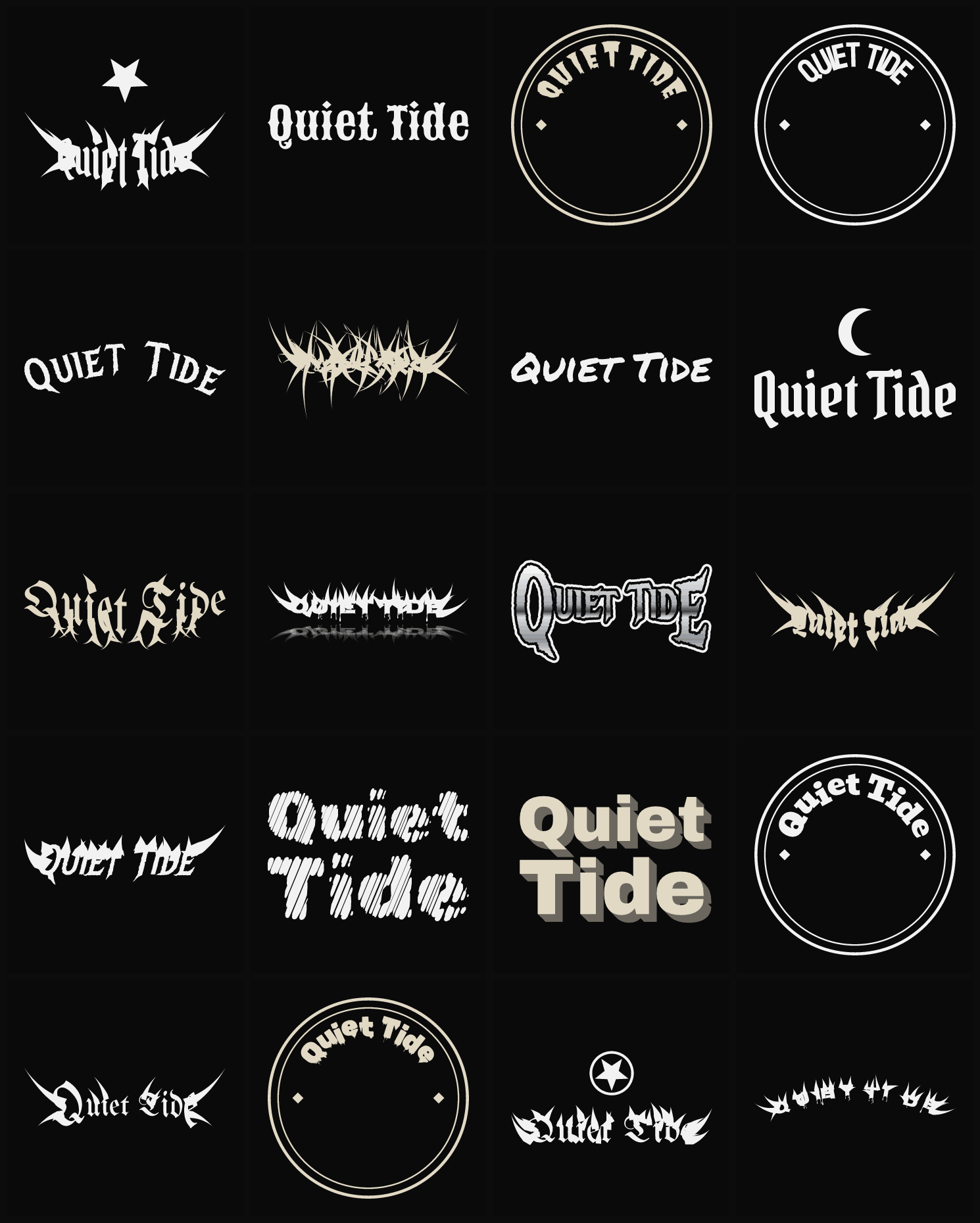 Twenty Quiet Tide band logo ideas — different faces, treatments and spike settings