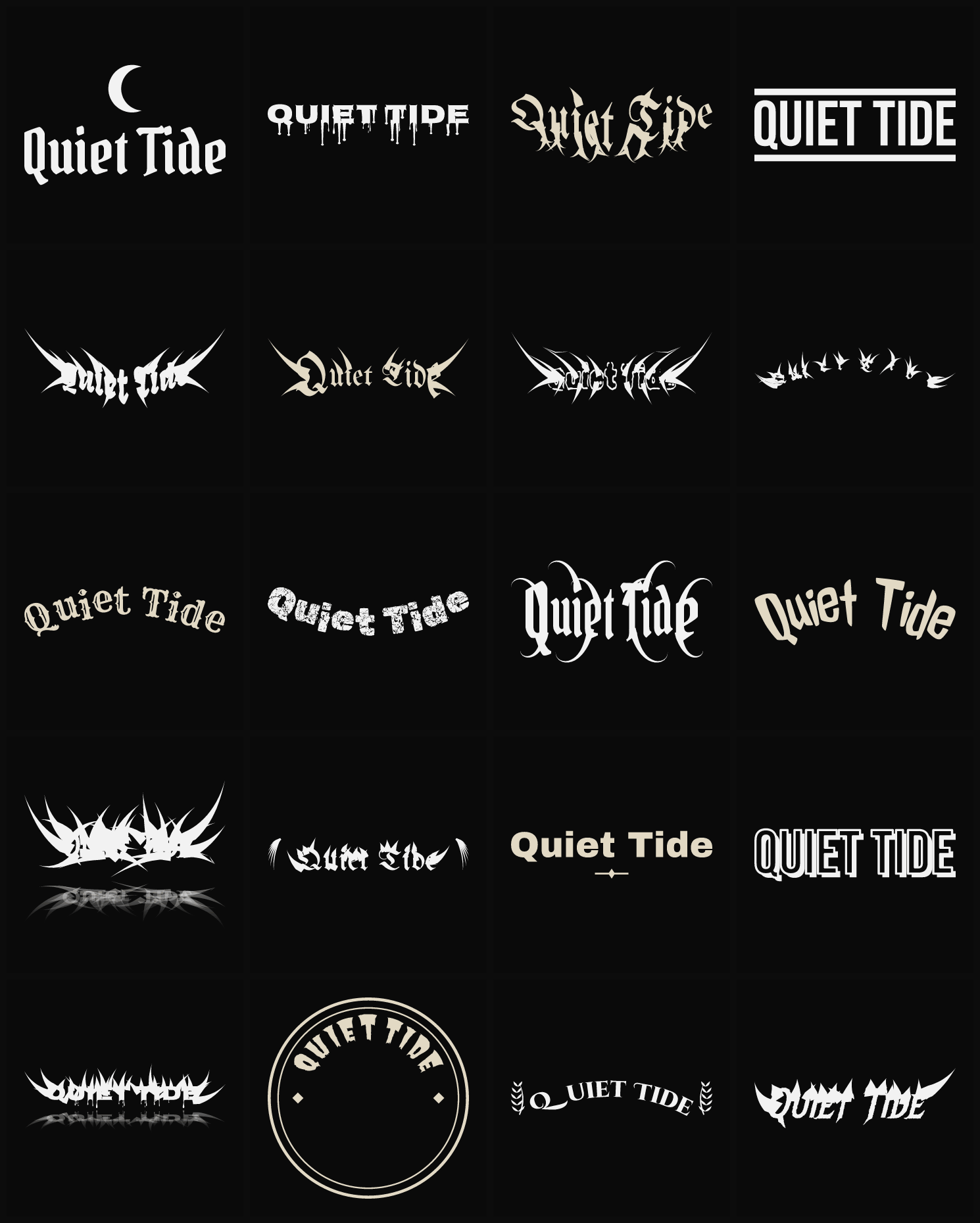 Twenty Quiet Tide band logo ideas — different faces, treatments and spike settings