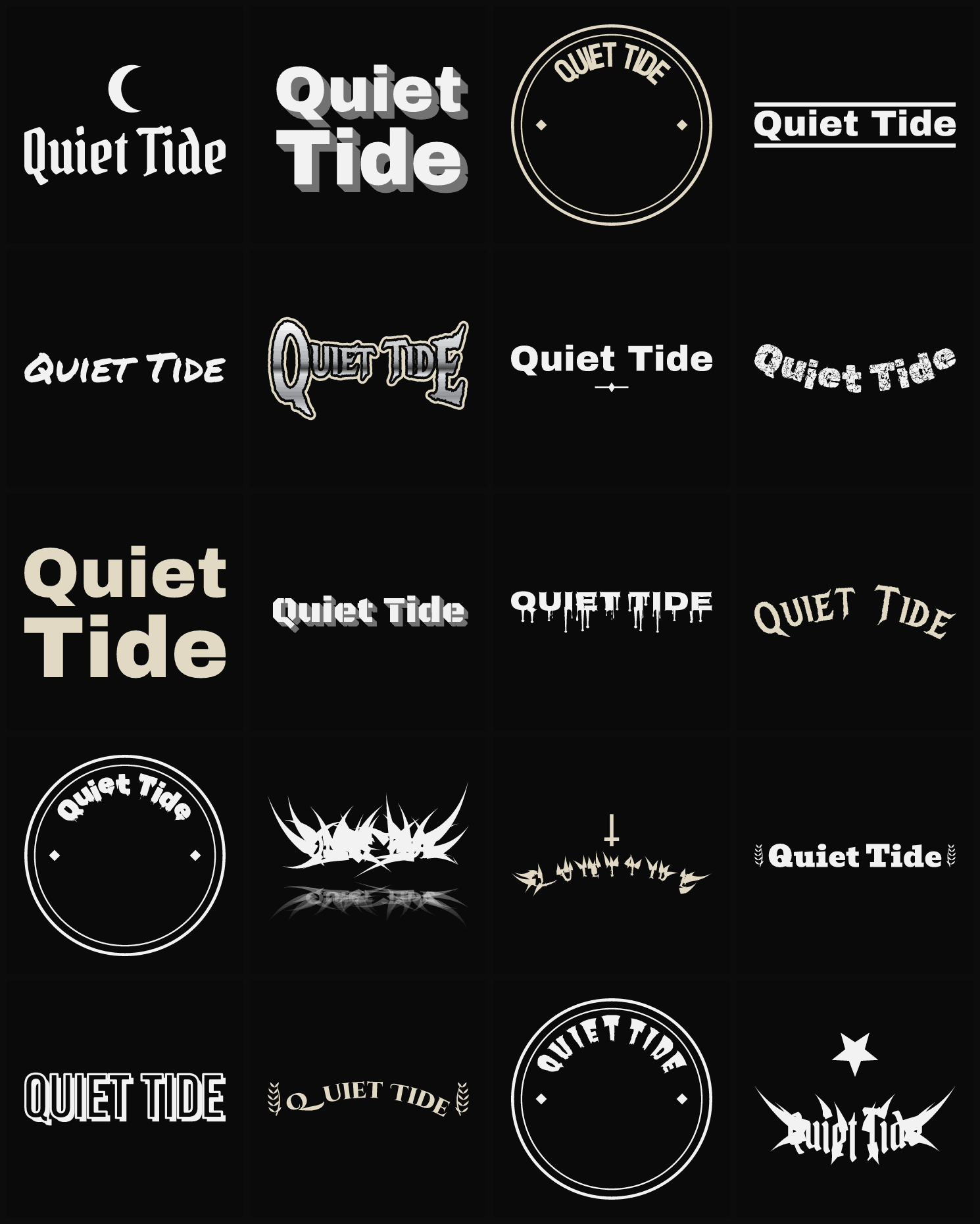 Twenty Quiet Tide band logo ideas — different faces, treatments and spike settings