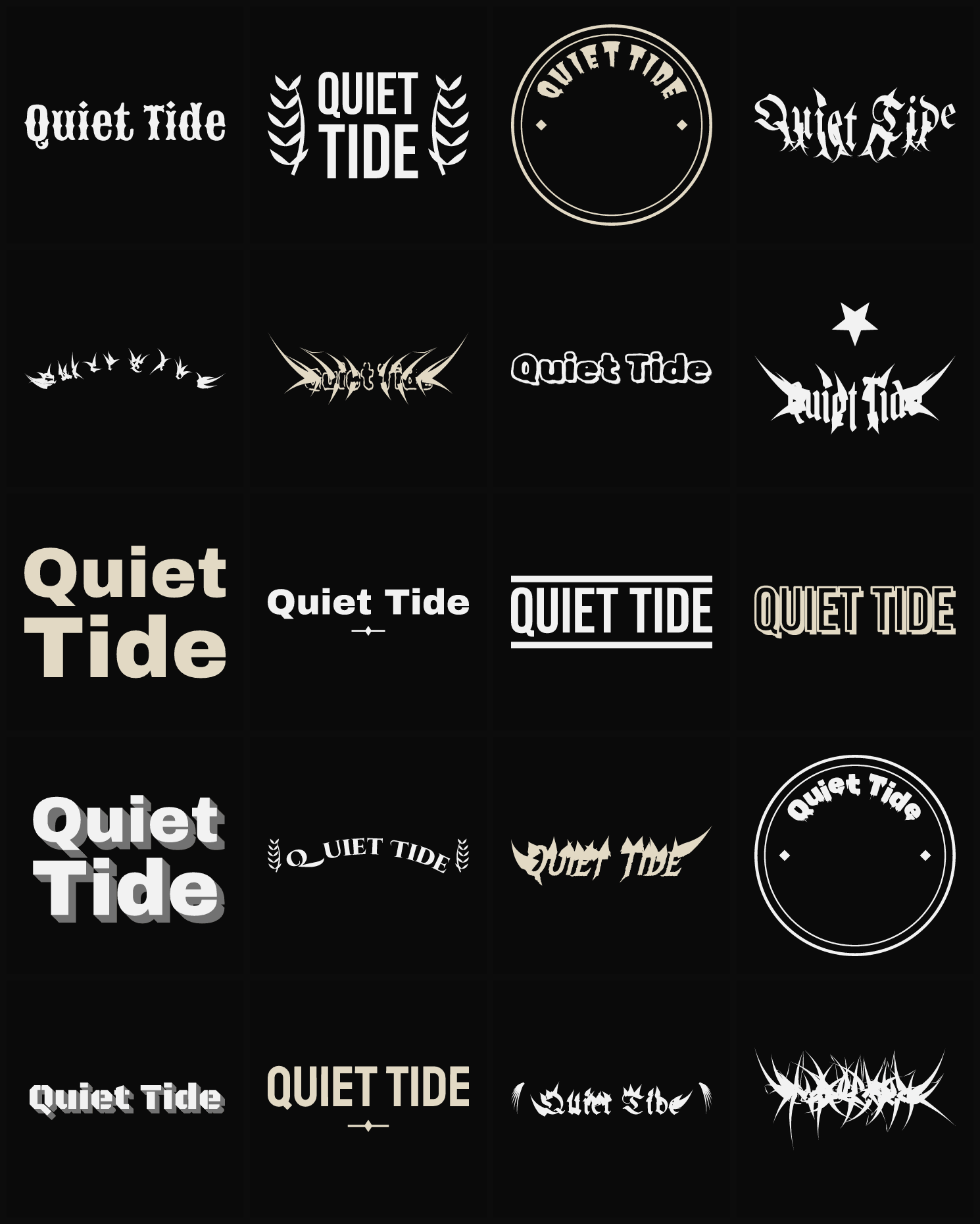 Twenty Quiet Tide band logo ideas — different faces, treatments and spike settings