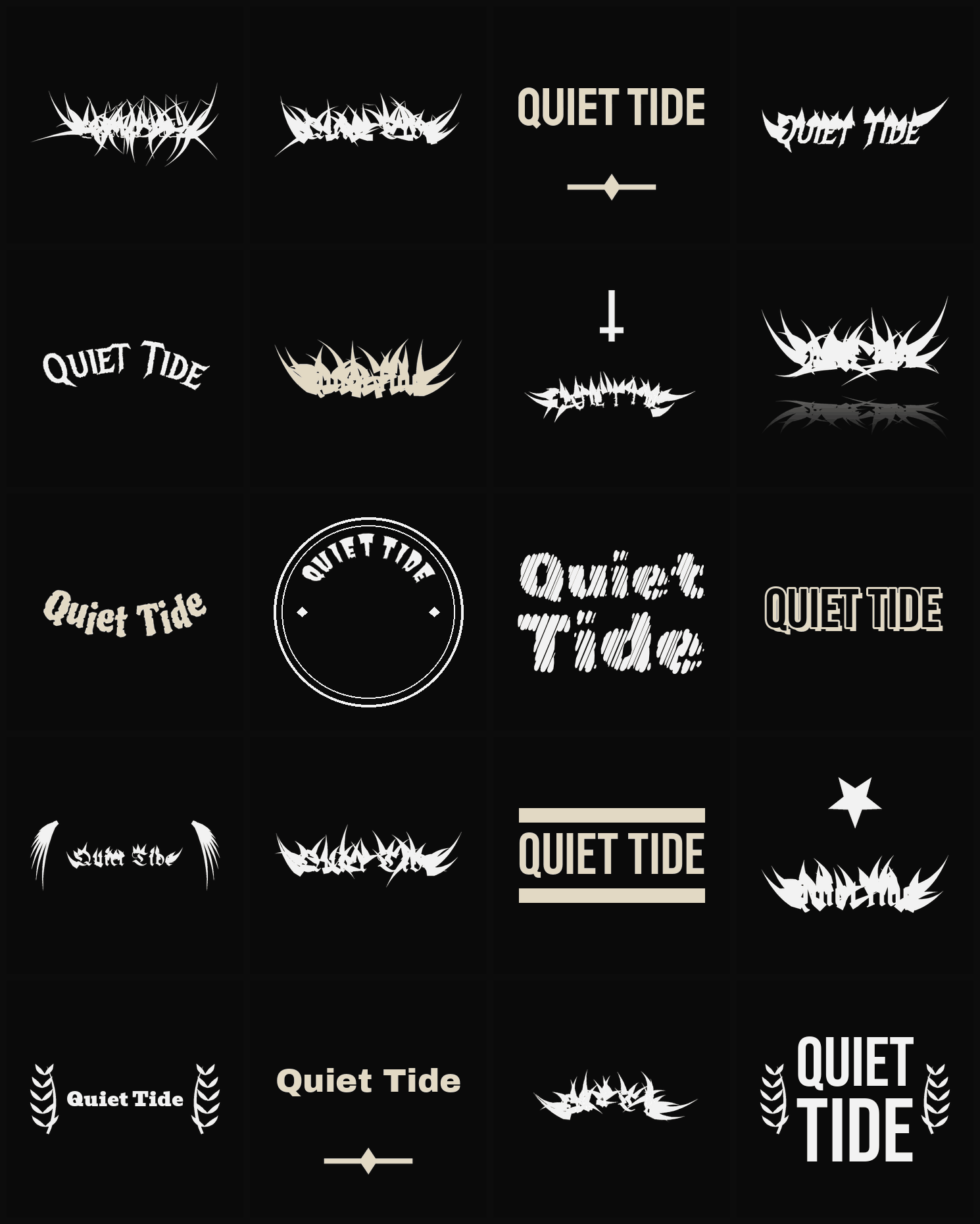 Twenty Quiet Tide band logo ideas — different faces, treatments and spike settings