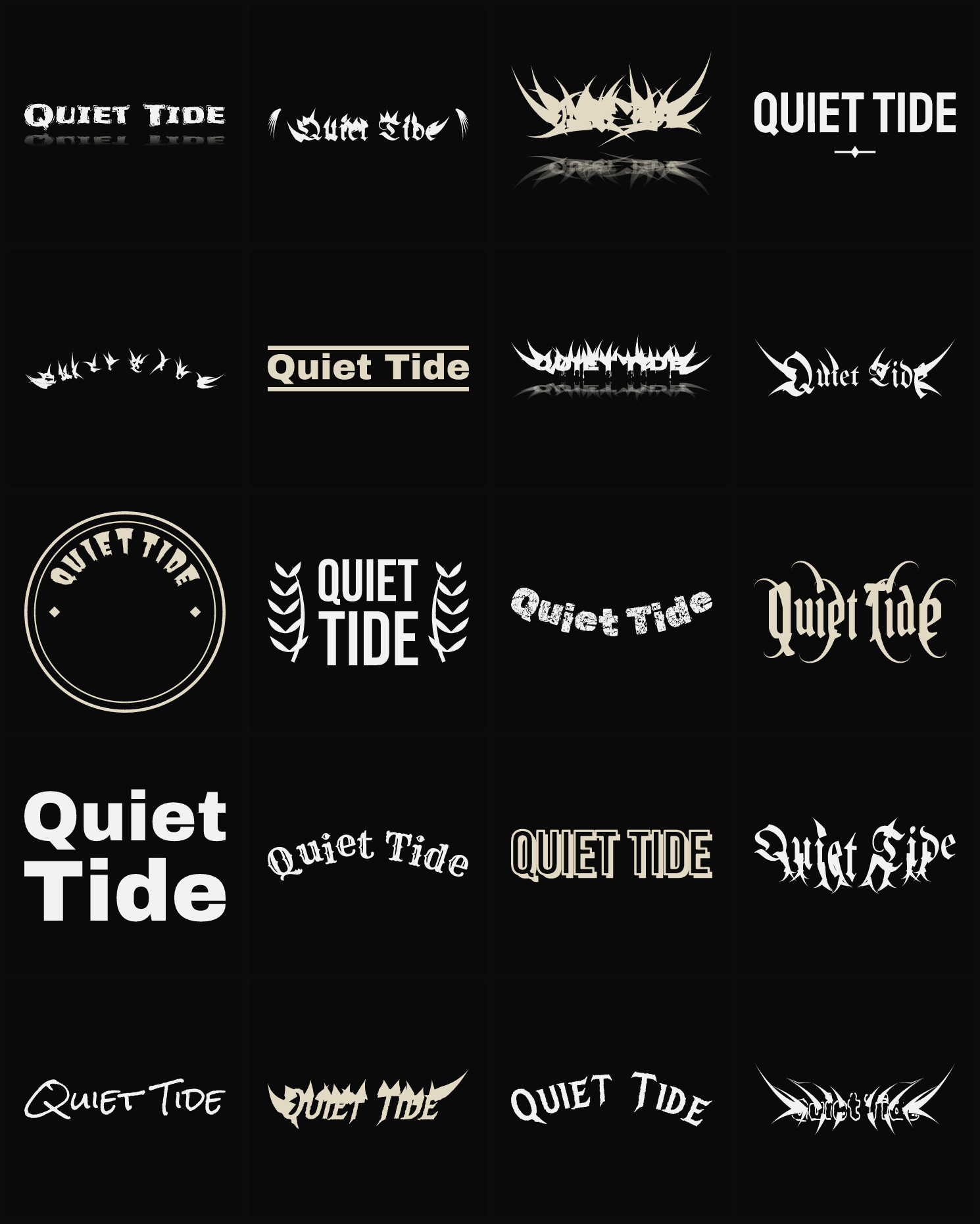 Twenty Quiet Tide band logo ideas — different faces, treatments and spike settings