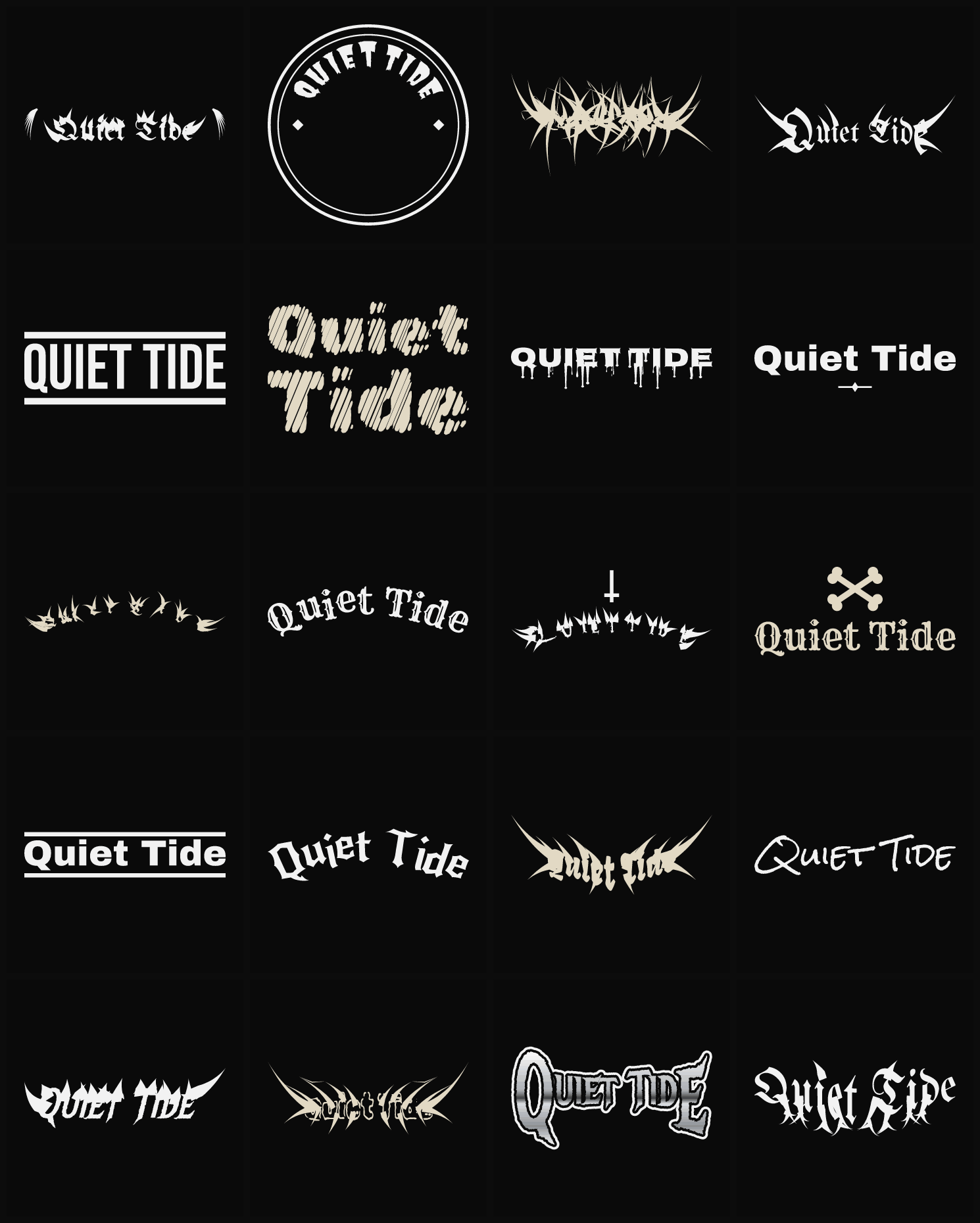 Twenty Quiet Tide band logo ideas — different faces, treatments and spike settings