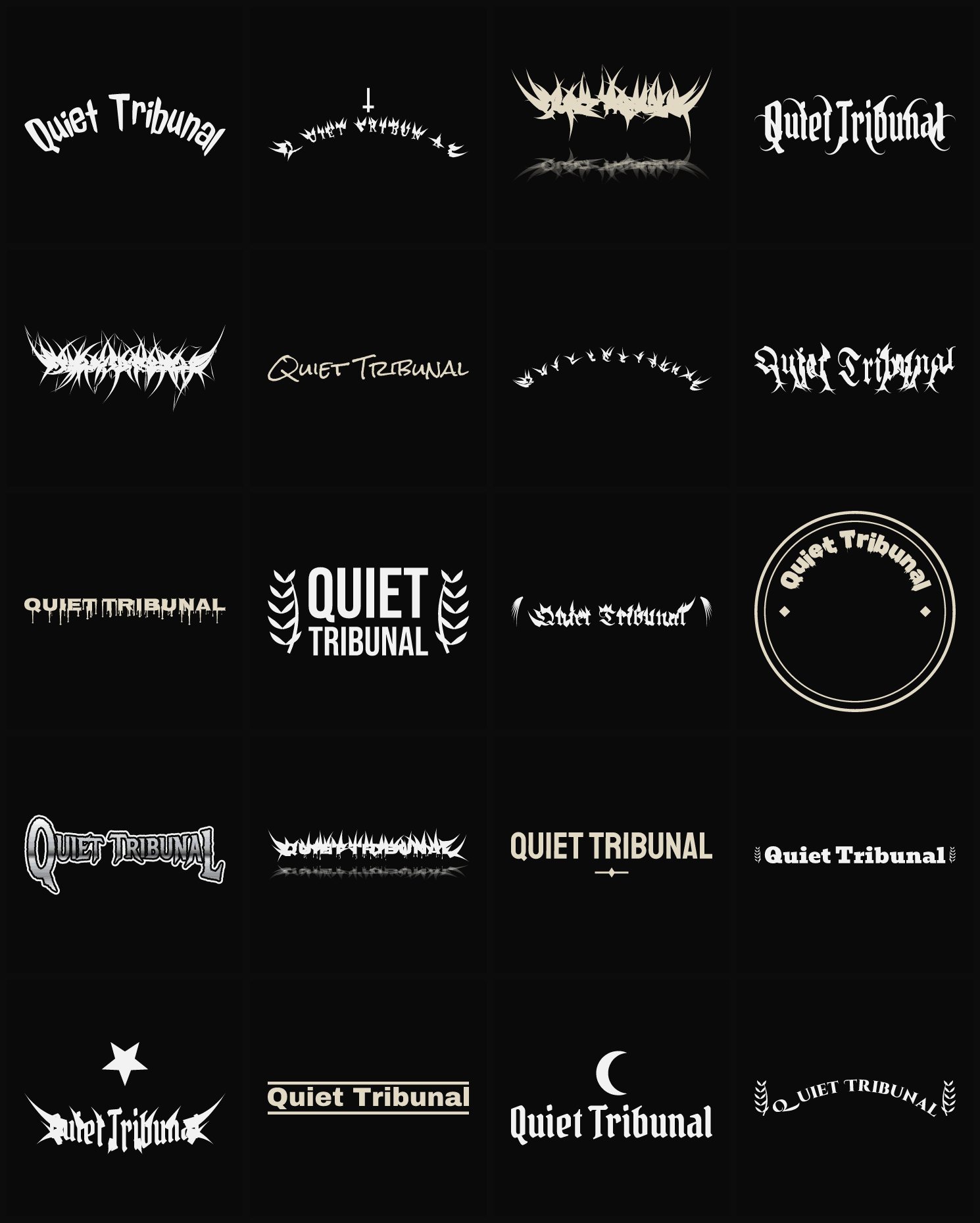 Twenty Quiet Tribunal band logo ideas — different faces, treatments and spike settings