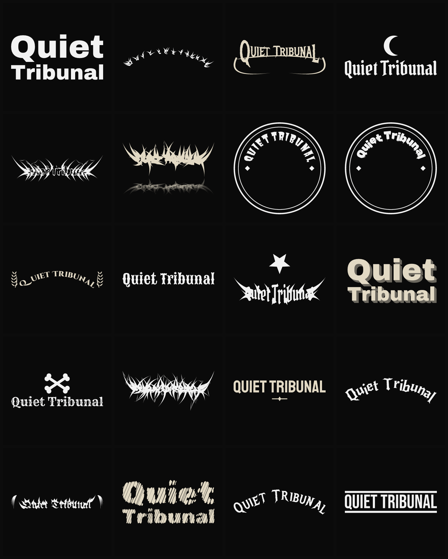 Twenty Quiet Tribunal band logo ideas — different faces, treatments and spike settings