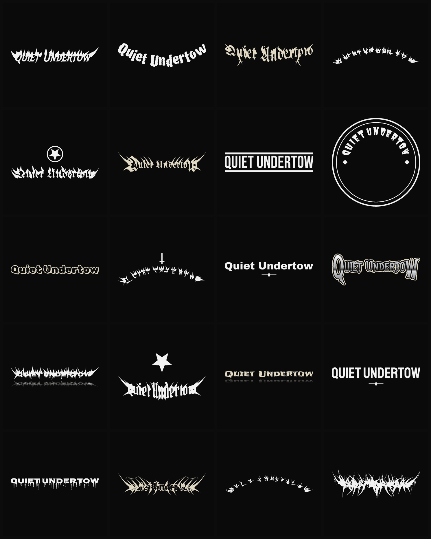 Twenty Quiet Undertow band logo ideas — different faces, treatments and spike settings