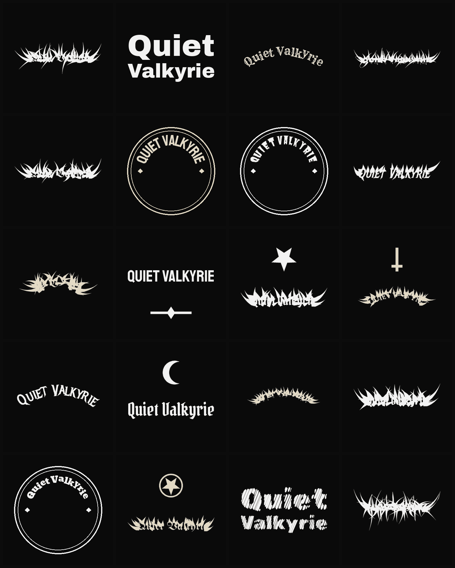 Twenty Quiet Valkyrie band logo ideas — different faces, treatments and spike settings